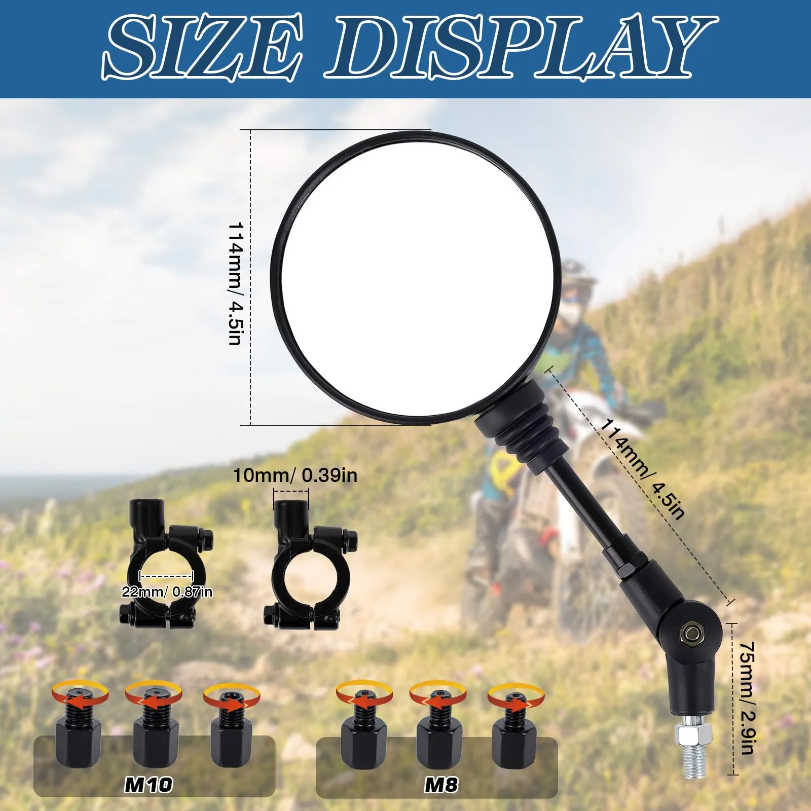 JABNOW Specchietto Retrovisore Universale per Moto 22 mm, Set Specchietti Laterali 360° con Bulloni 10 mm e 8 mm, Nero - immagine 3