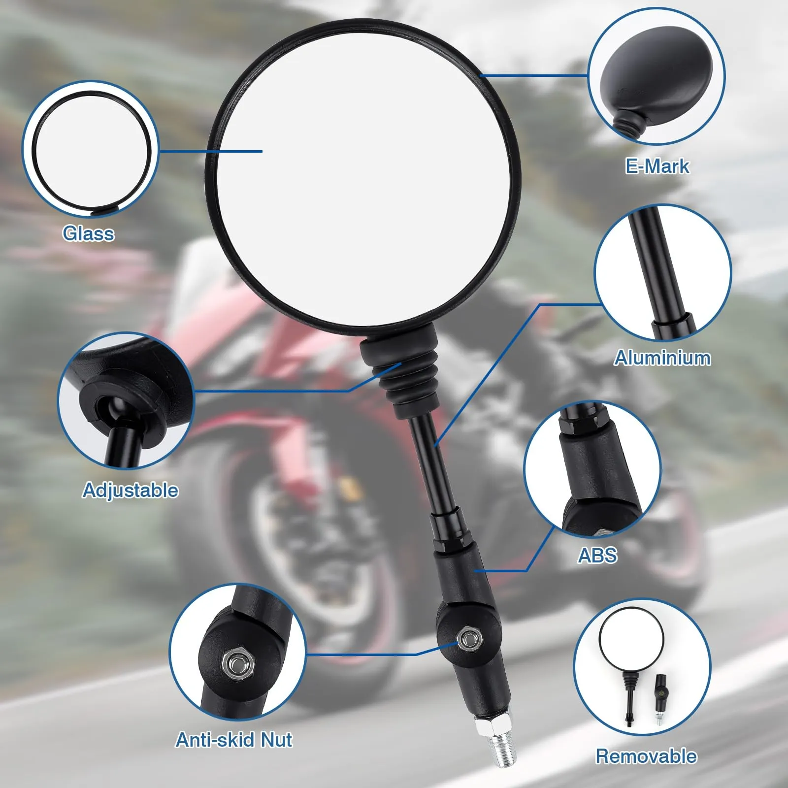 JABNOW Specchietto Retrovisore Universale per Moto 22 mm, Set Specchietti Laterali 360° con Bulloni 10 mm e 8 mm, Nero - immagine 4