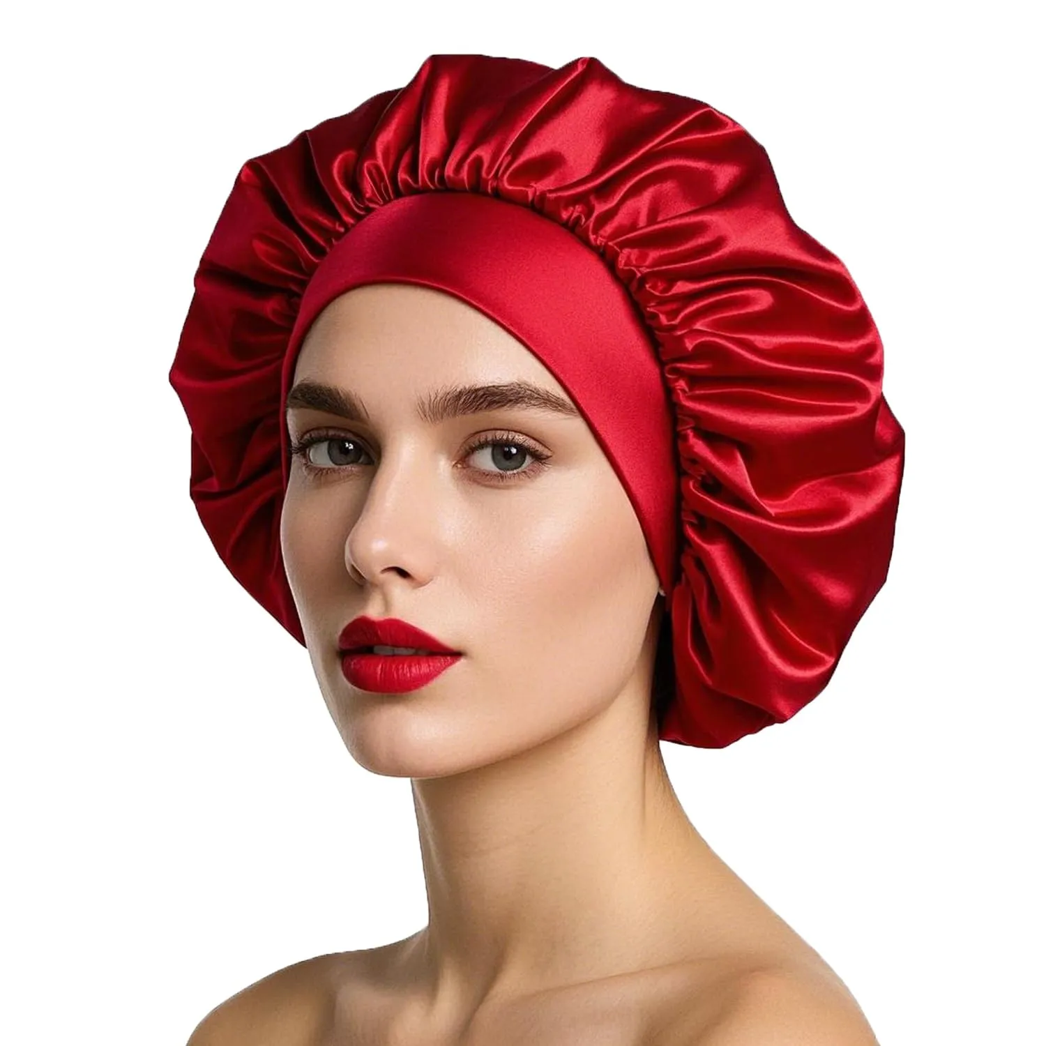 iLamvie Cuffia in Seta per Capelli Ricci, Berretto da Notte in Raso Elastico per Donna e Ragazza (Rosso) - immagine 1