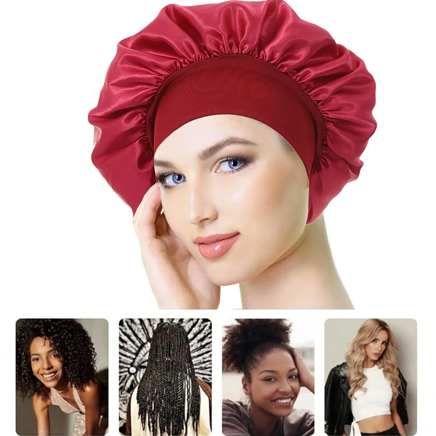 iLamvie Cuffia in Seta per Capelli Ricci, Berretto da Notte in Raso Elastico per Donna e Ragazza (Rosso) - immagine 4