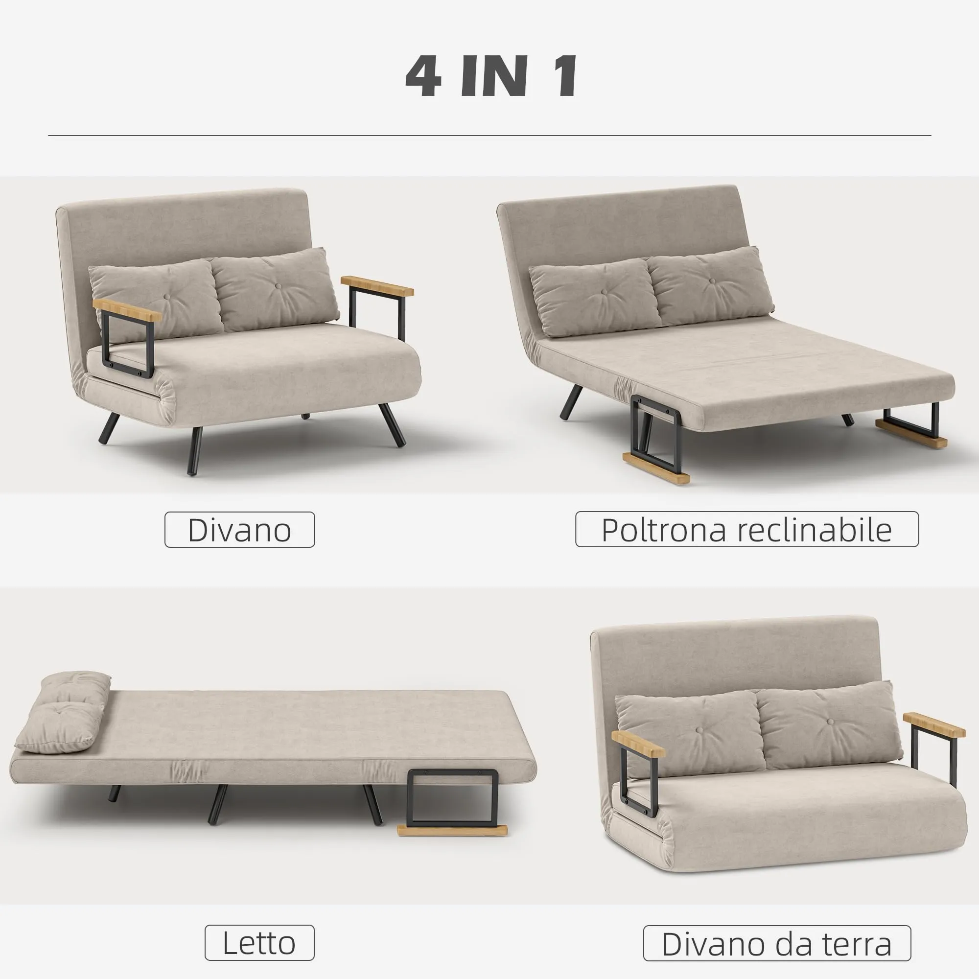 HOMCOM Divano Letto 2 Posti Schienale Regolabile 5 Livelli Crema - immagine 3