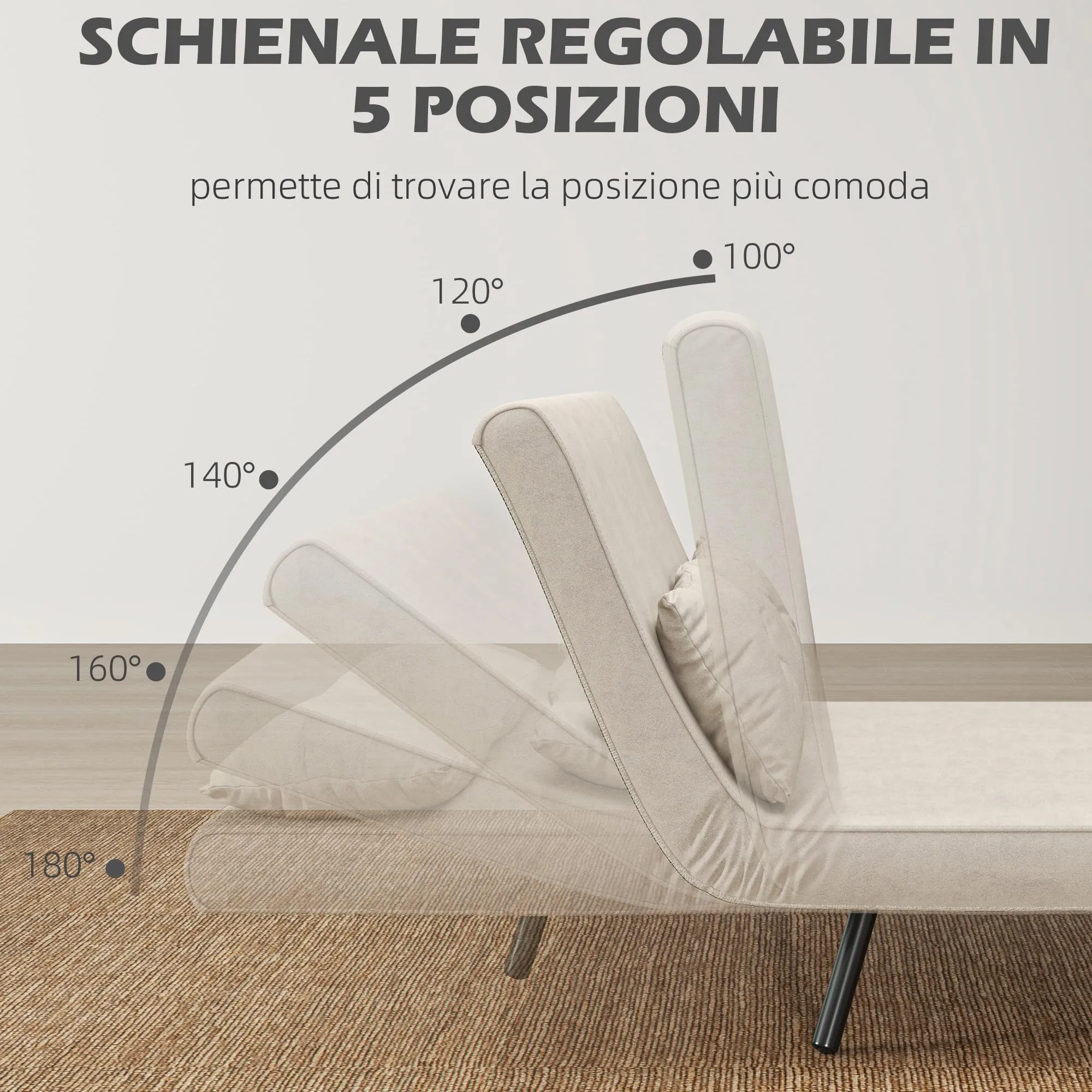 HOMCOM Divano Letto 2 Posti Schienale Regolabile 5 Livelli Crema - immagine 4