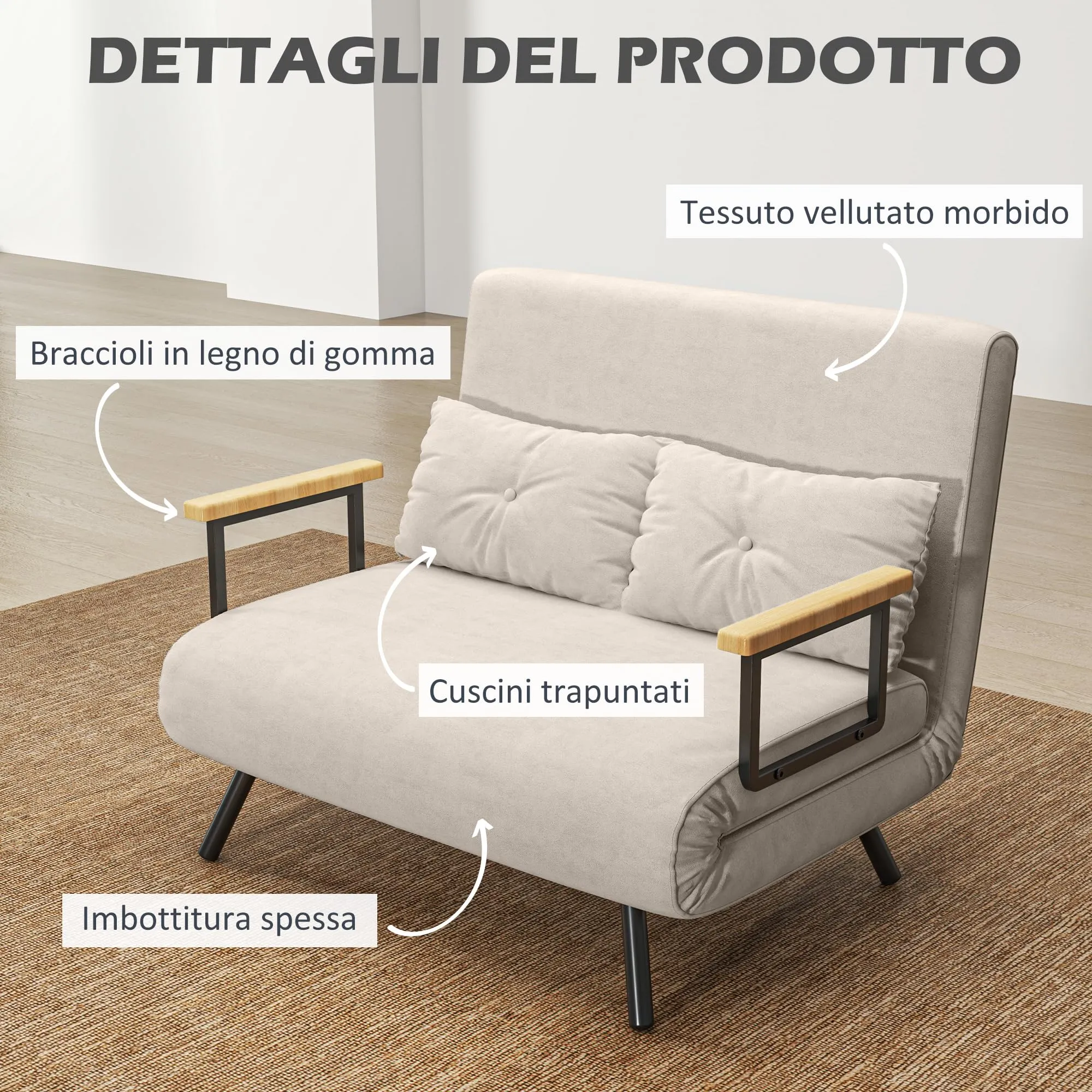 HOMCOM Divano Letto 2 Posti Schienale Regolabile 5 Livelli Crema - immagine 5