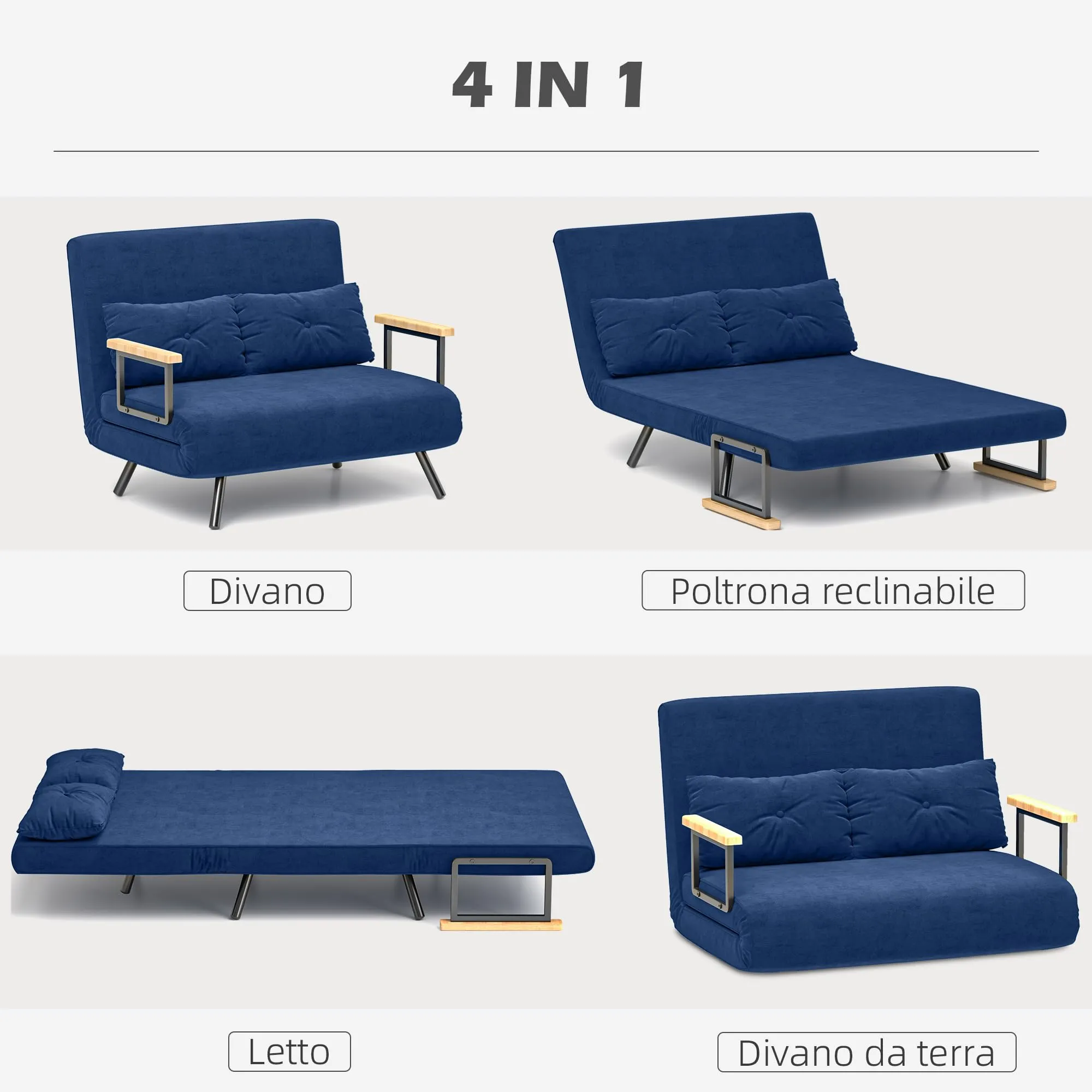 HOMCOM Divano Letto 2 Posti Schienale Regolabile 5 Livelli Blu - immagine 3