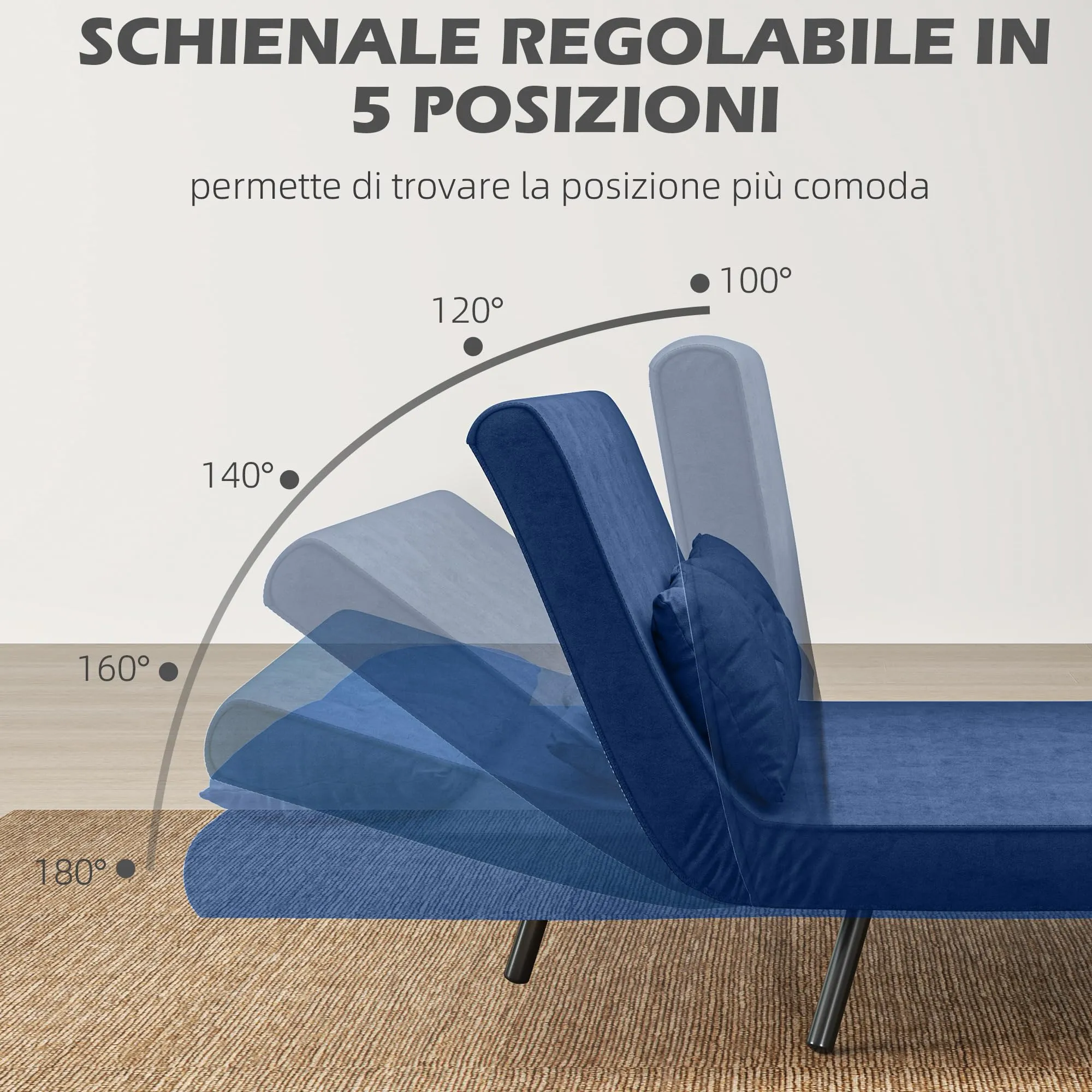 HOMCOM Divano Letto 2 Posti Schienale Regolabile 5 Livelli Blu - immagine 4