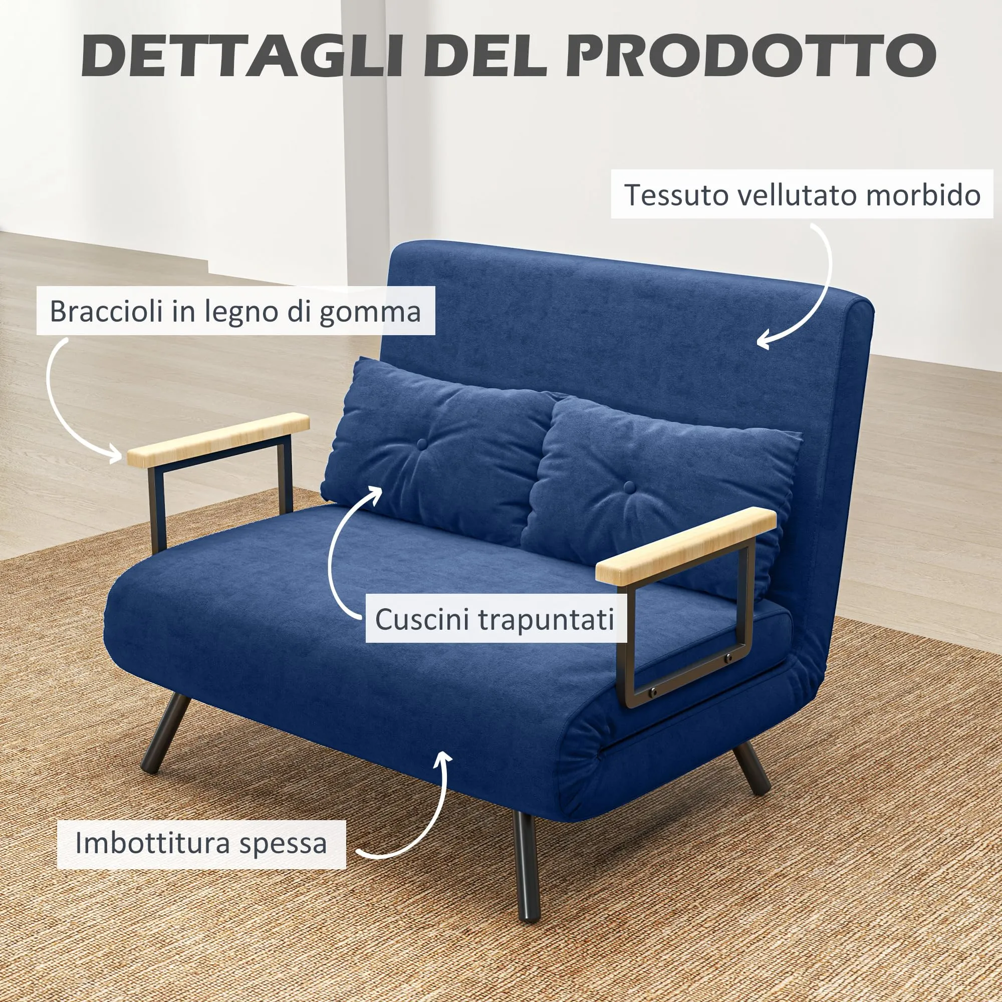 HOMCOM Divano Letto 2 Posti Schienale Regolabile 5 Livelli Blu - immagine 5