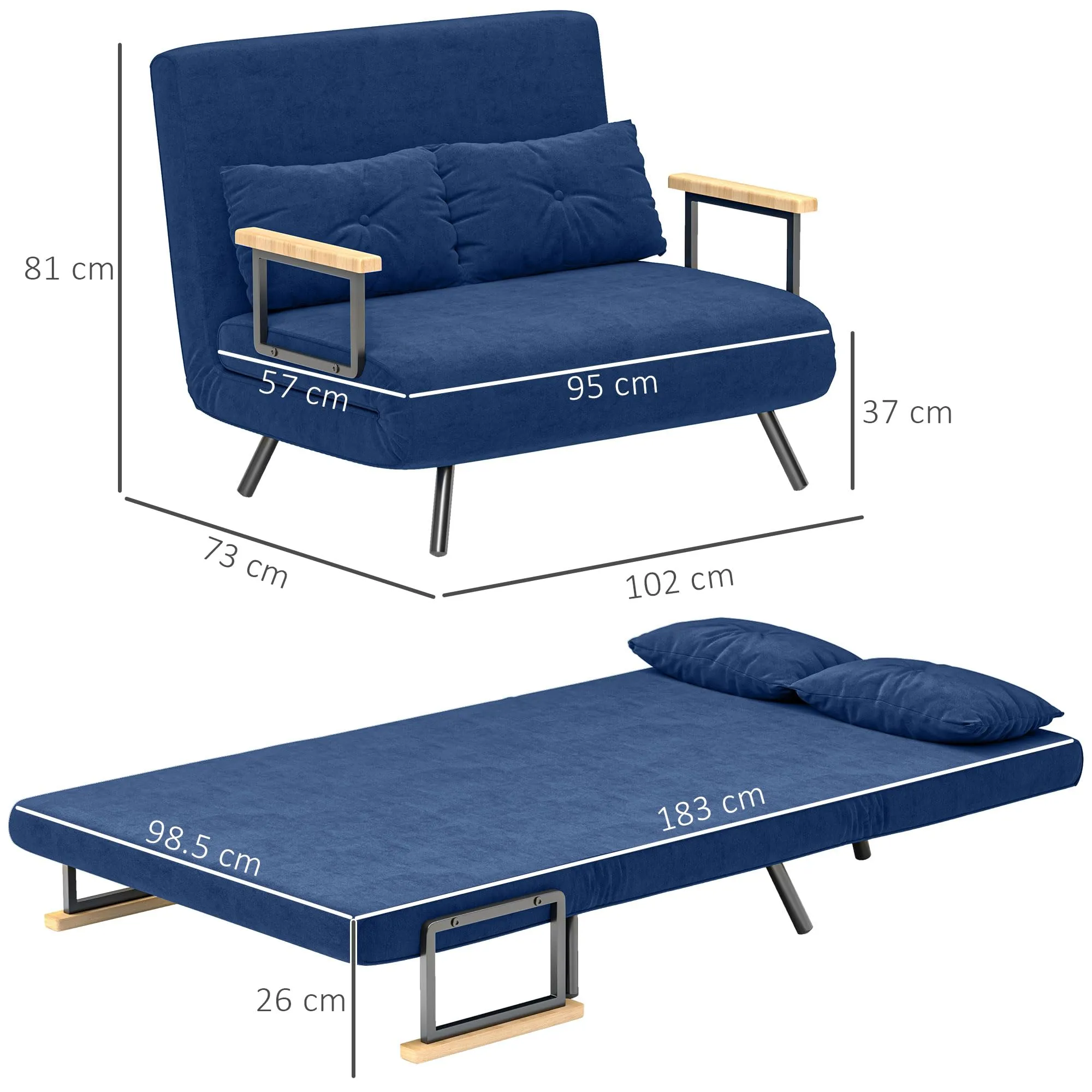 HOMCOM Divano Letto 2 Posti Schienale Regolabile 5 Livelli Blu - immagine 7
