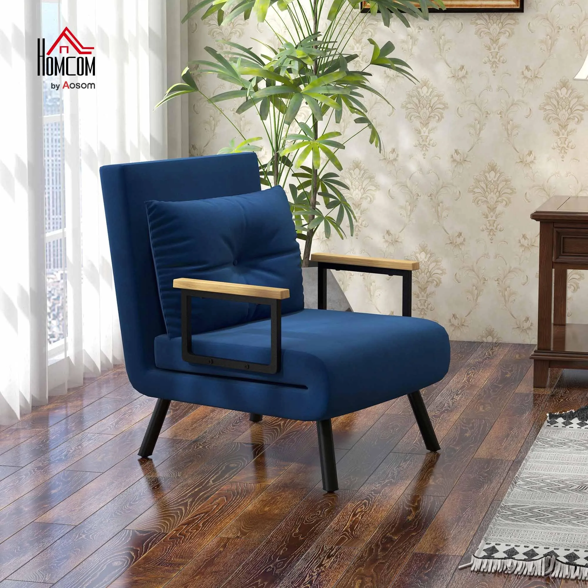 HOMCOM Poltrona Letto Singolo Schienale Regolabile 5 Livelli, Blu - immagine 2