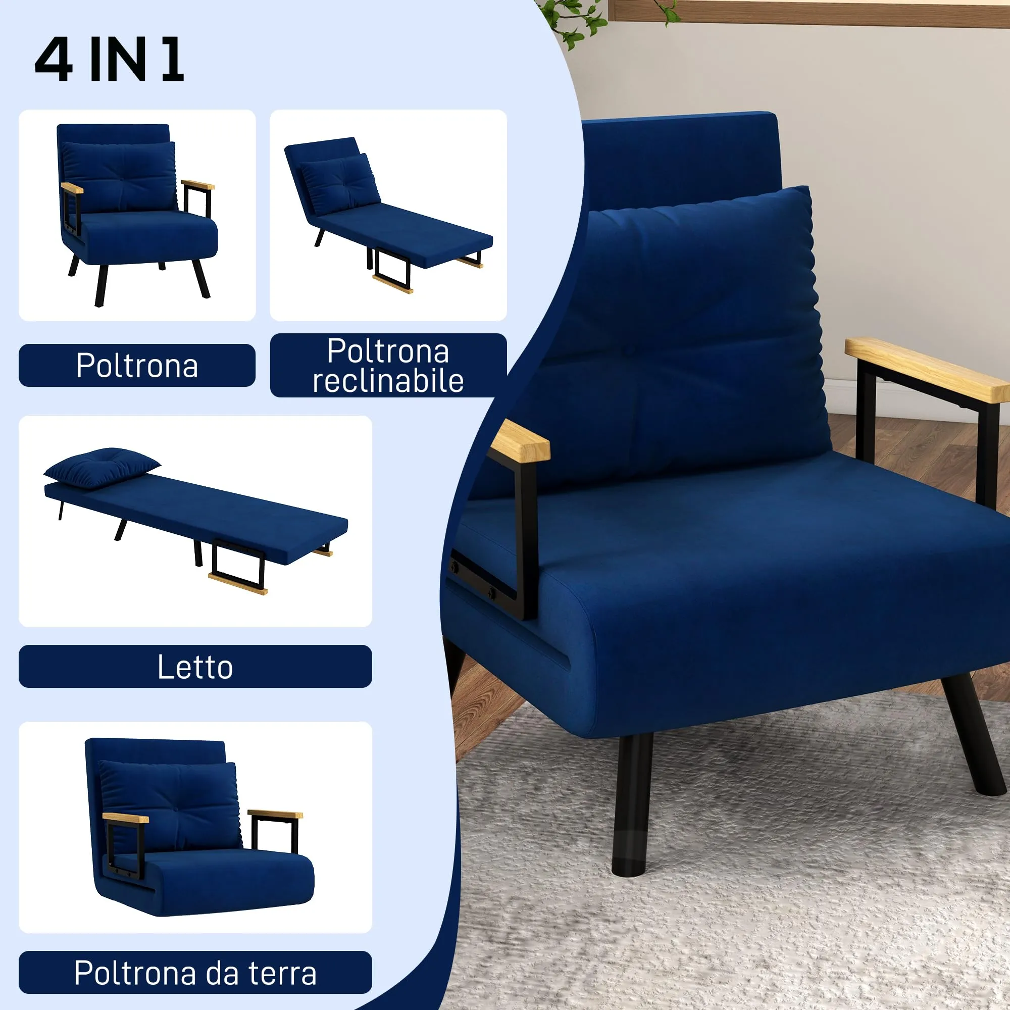 HOMCOM Poltrona Letto Singolo Schienale Regolabile 5 Livelli, Blu - immagine 3