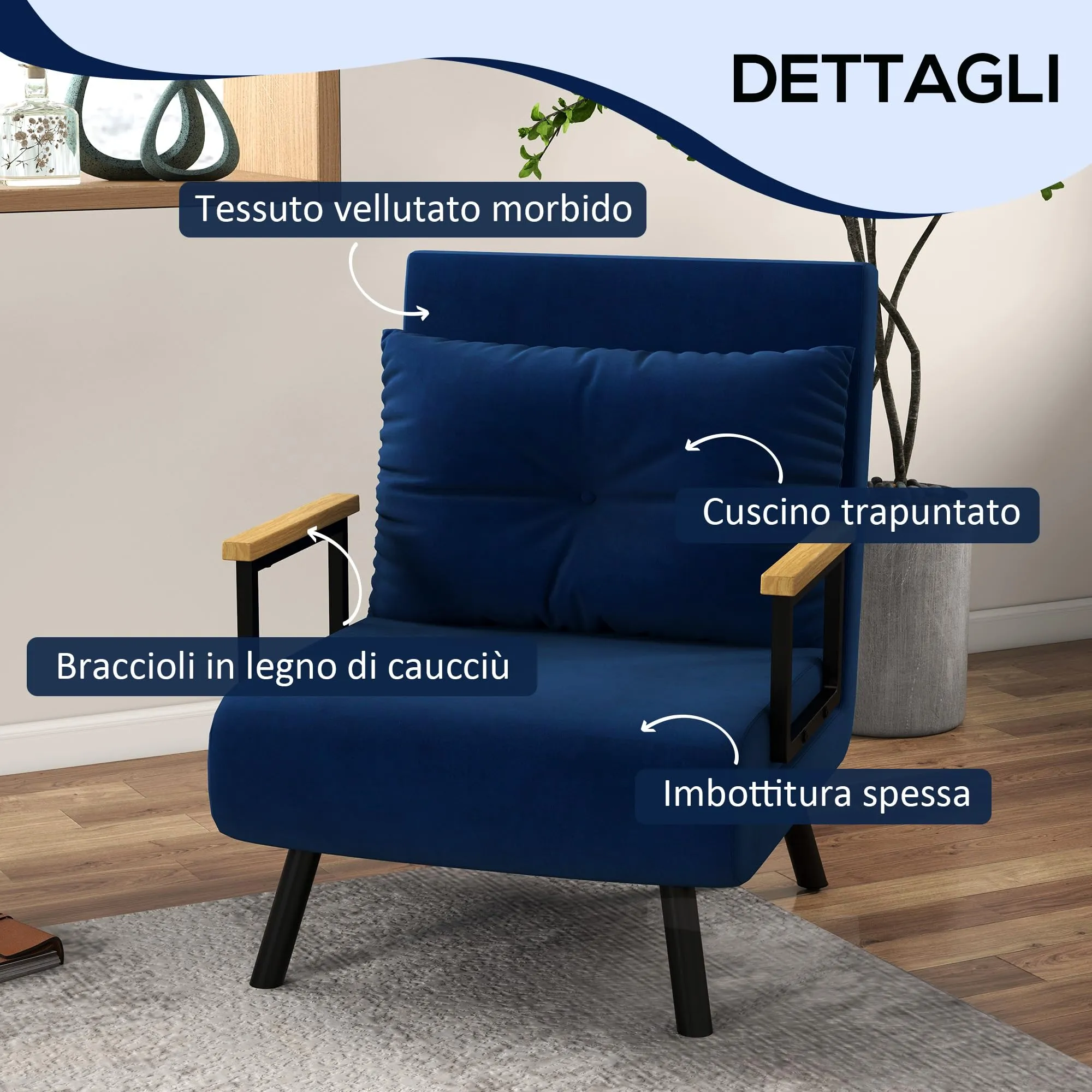 HOMCOM Poltrona Letto Singolo Schienale Regolabile 5 Livelli, Blu - immagine 5