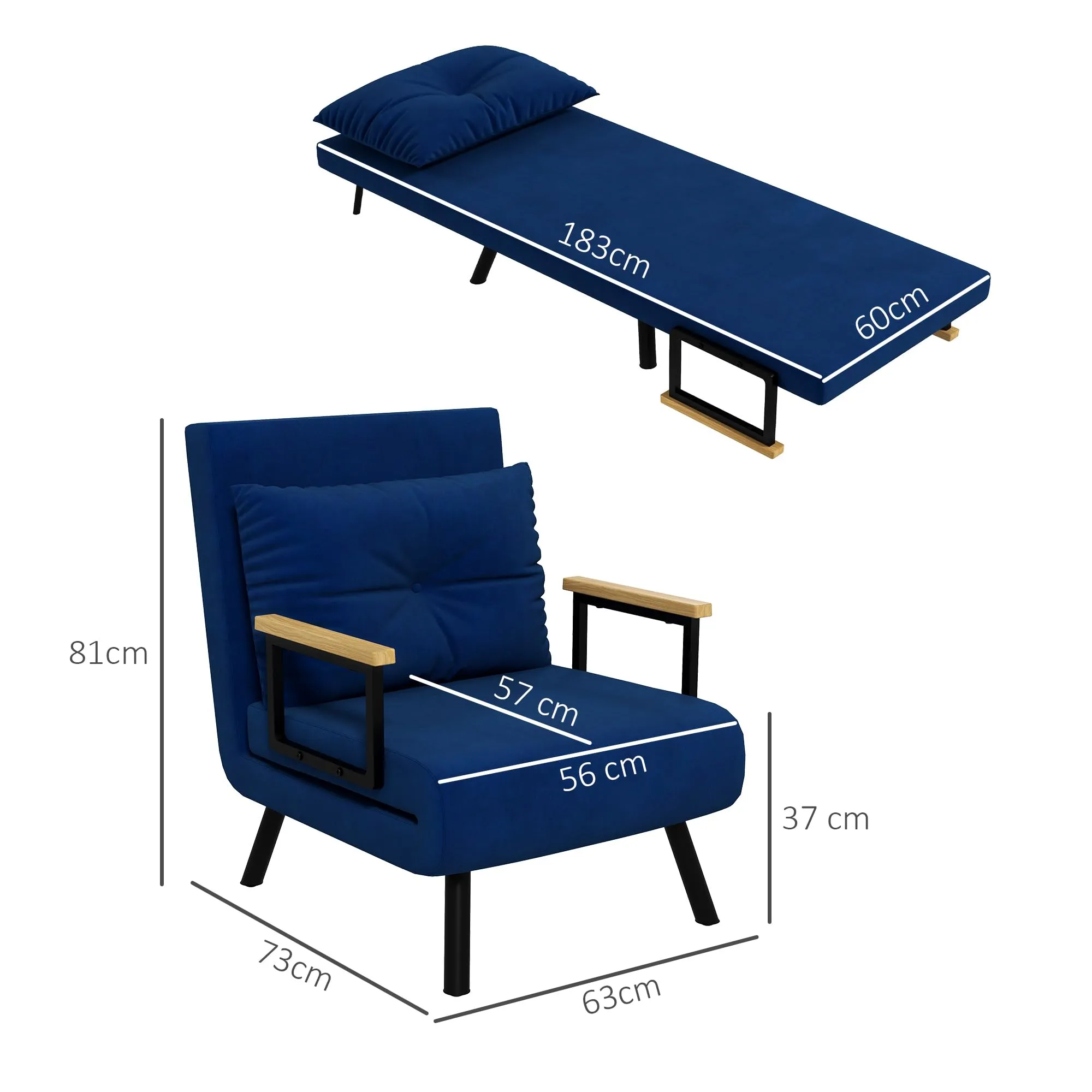 HOMCOM Poltrona Letto Singolo Schienale Regolabile 5 Livelli, Blu - immagine 7
