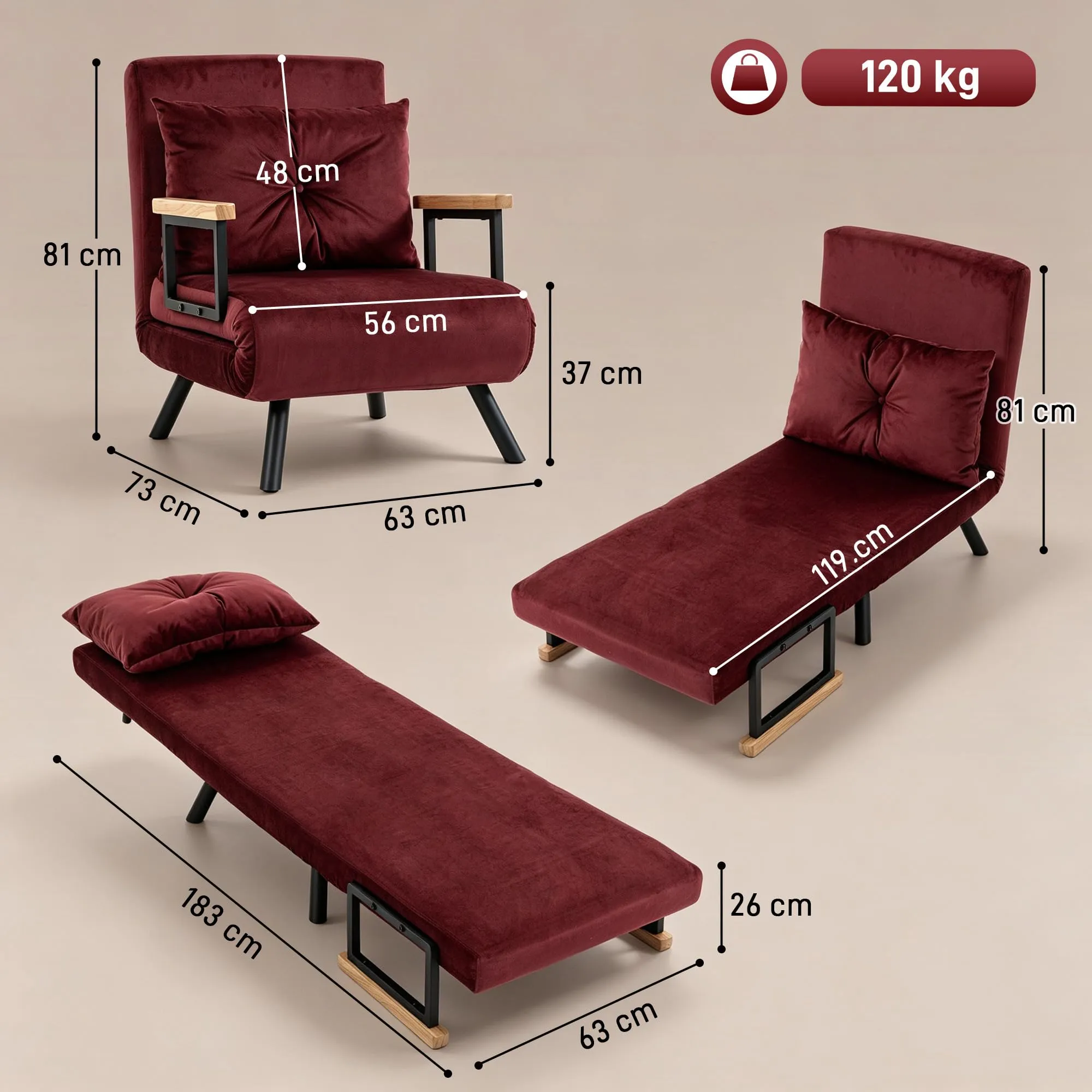 HOMCOM Poltrona Letto Singolo Schienale Regolabile 5 Livelli, Rosso Vino - immagine 3