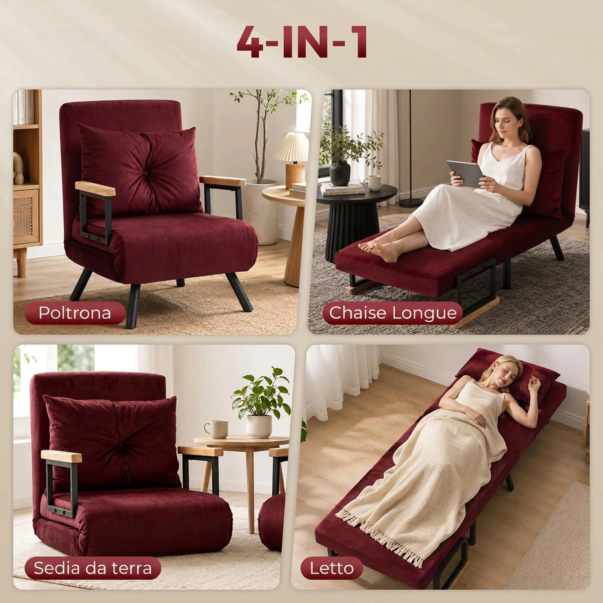 HOMCOM Poltrona Letto Singolo Schienale Regolabile 5 Livelli, Rosso Vino - immagine 4