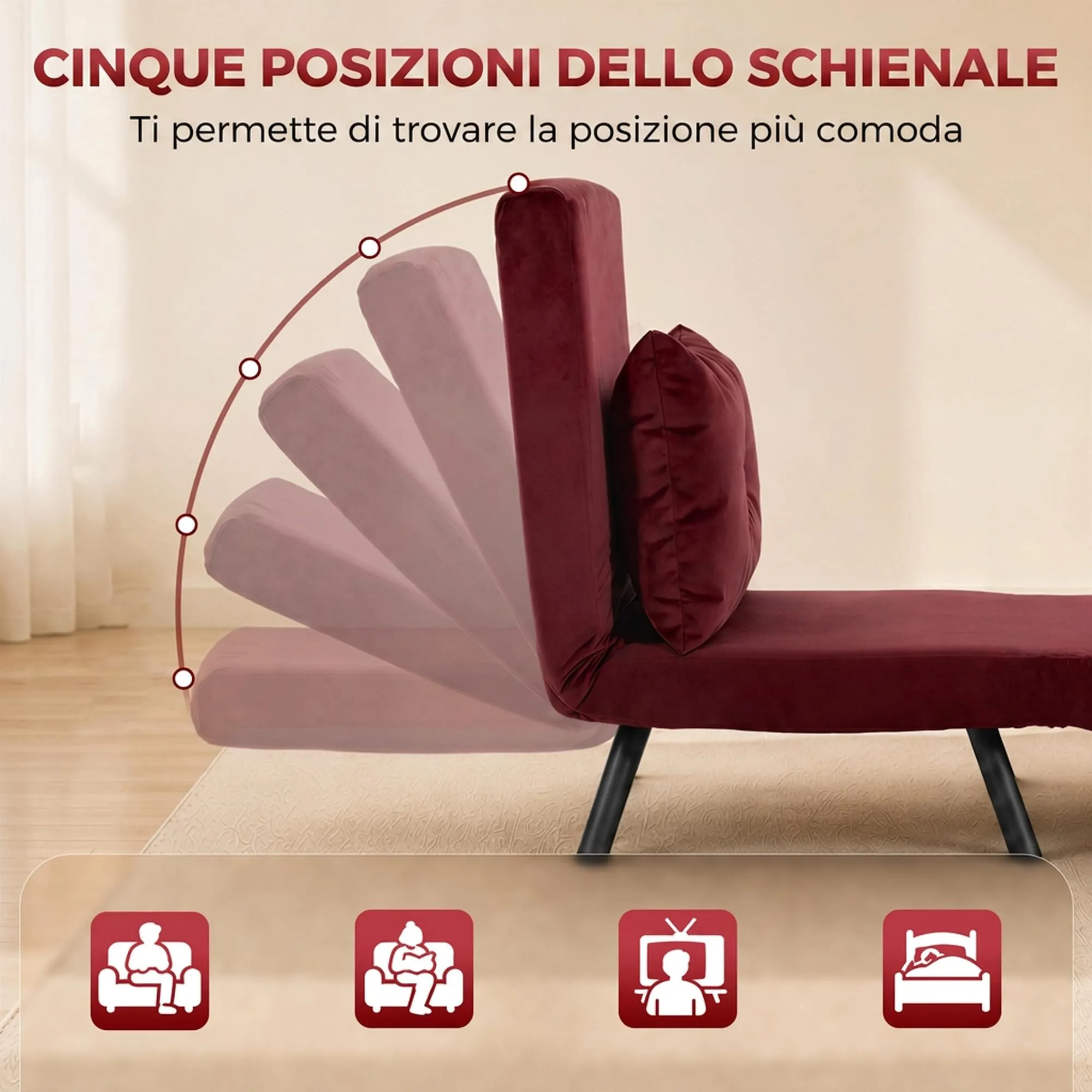 HOMCOM Poltrona Letto Singolo Schienale Regolabile 5 Livelli, Rosso Vino - immagine 5