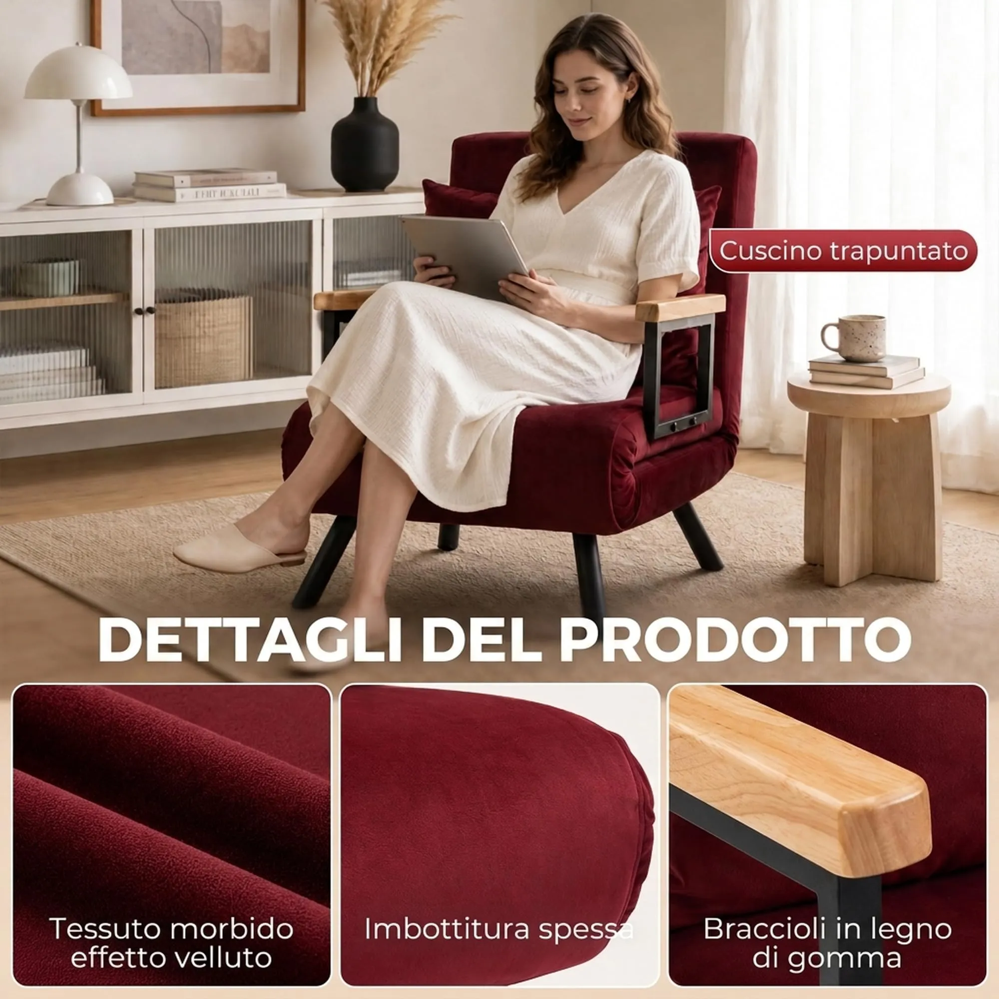 HOMCOM Poltrona Letto Singolo Schienale Regolabile 5 Livelli, Rosso Vino - immagine 6