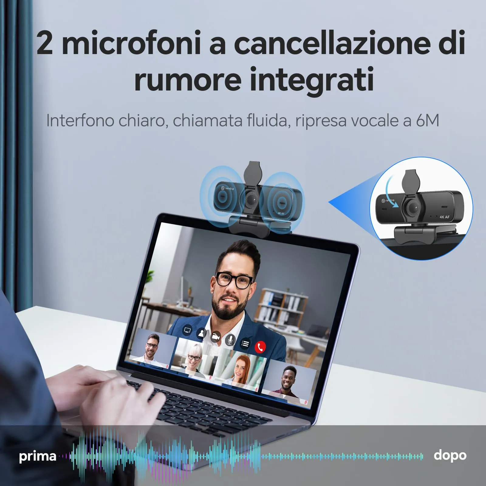 N newline NewEye60s Webcam 4K 30FPS per PC e Mac con Sensore Sony, 2 Microfoni con Cancellazione del Rumore, Autofocus e Privacy Shutter - immagine 5