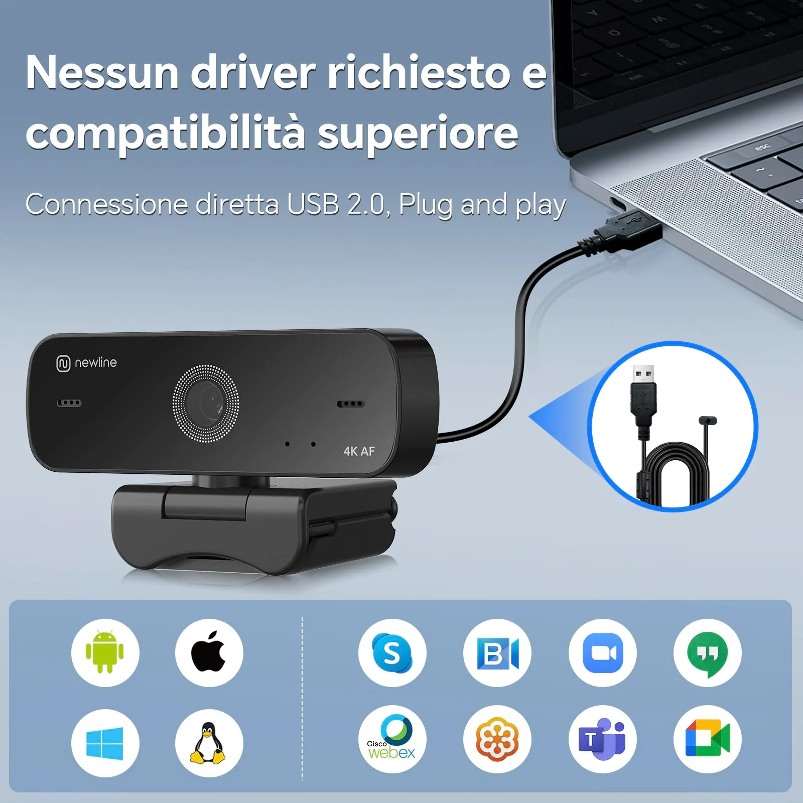 N newline NewEye60s Webcam 4K 30FPS per PC e Mac con Sensore Sony, 2 Microfoni con Cancellazione del Rumore, Autofocus e Privacy Shutter - immagine 6