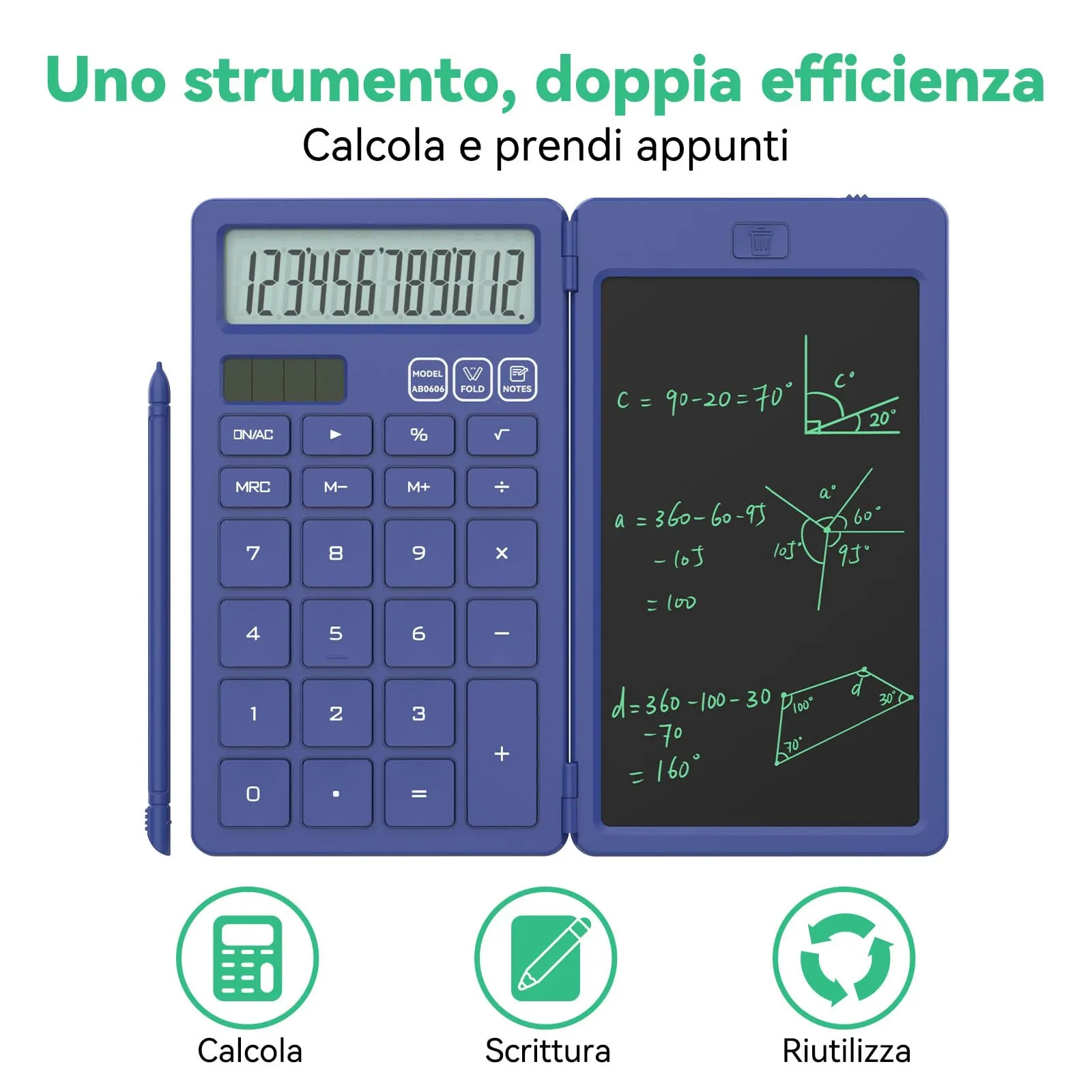 NEWYES Calcolatrice con Tavoletta da Scrittura e Penna, Alimentazione Solare e Batteria (Blu) - immagine 3