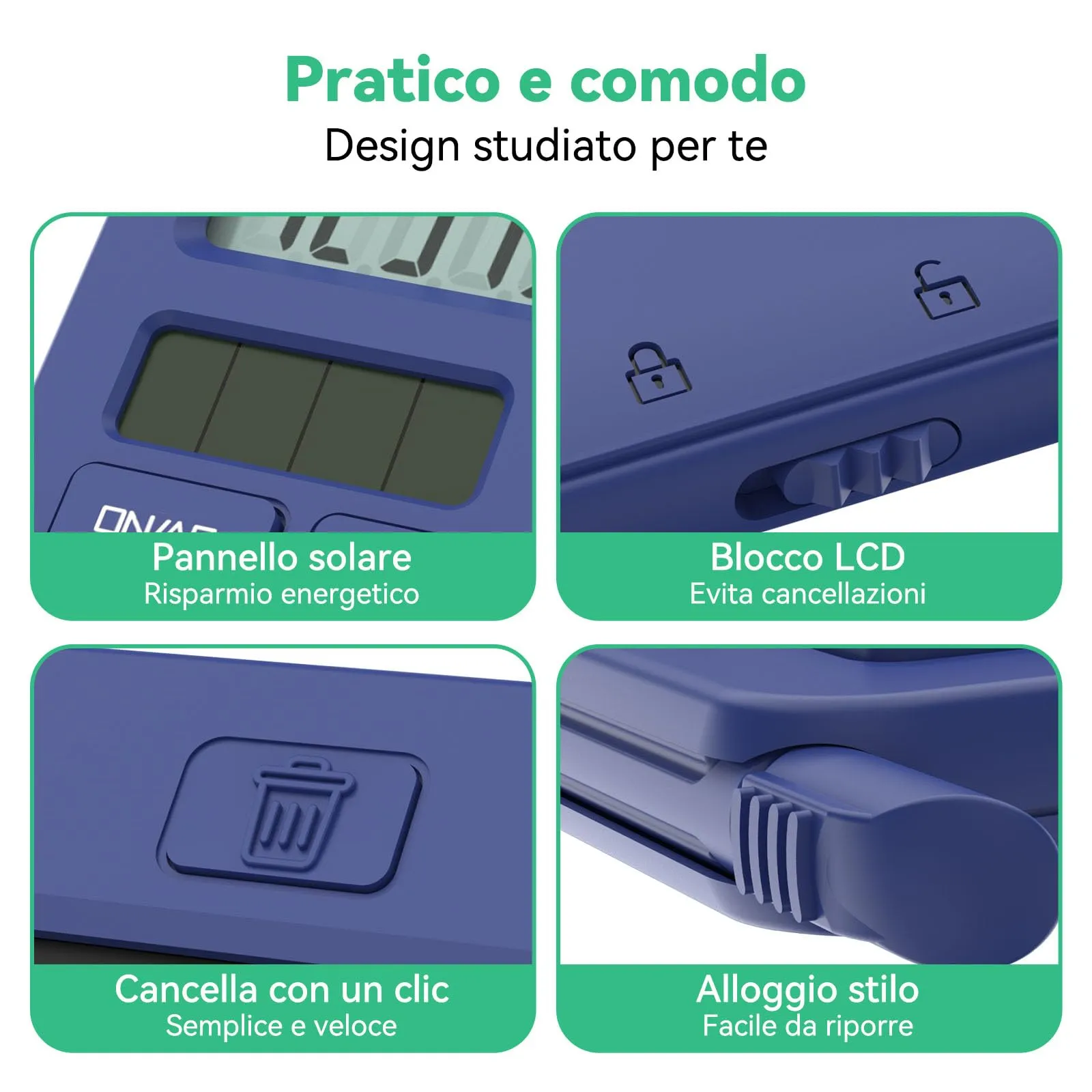 NEWYES Calcolatrice con Tavoletta da Scrittura e Penna, Alimentazione Solare e Batteria (Blu) - immagine 7