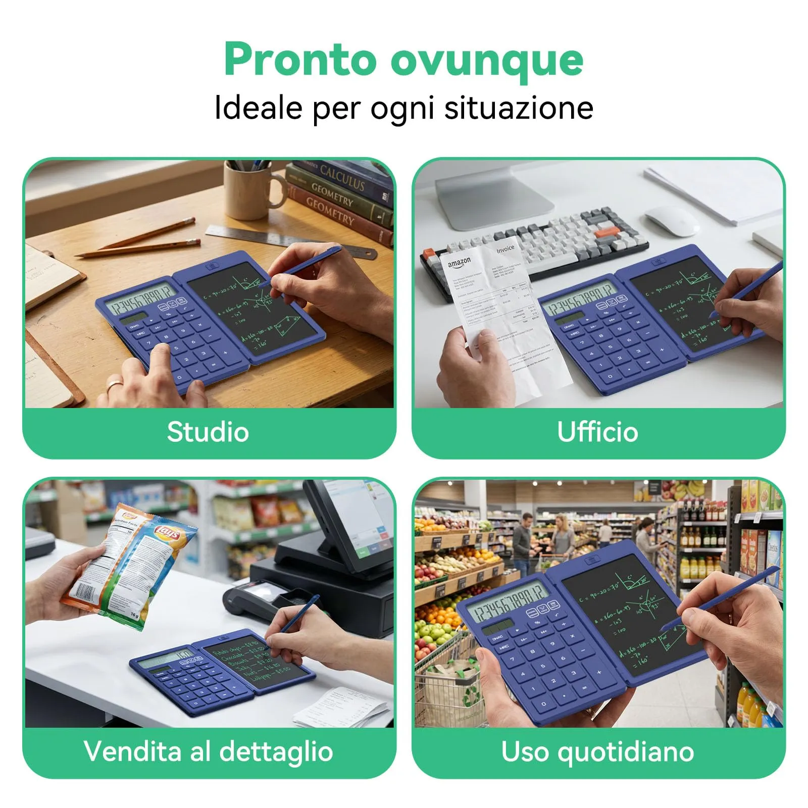 NEWYES Calcolatrice con Tavoletta da Scrittura e Penna, Alimentazione Solare e Batteria (Blu) - immagine 8