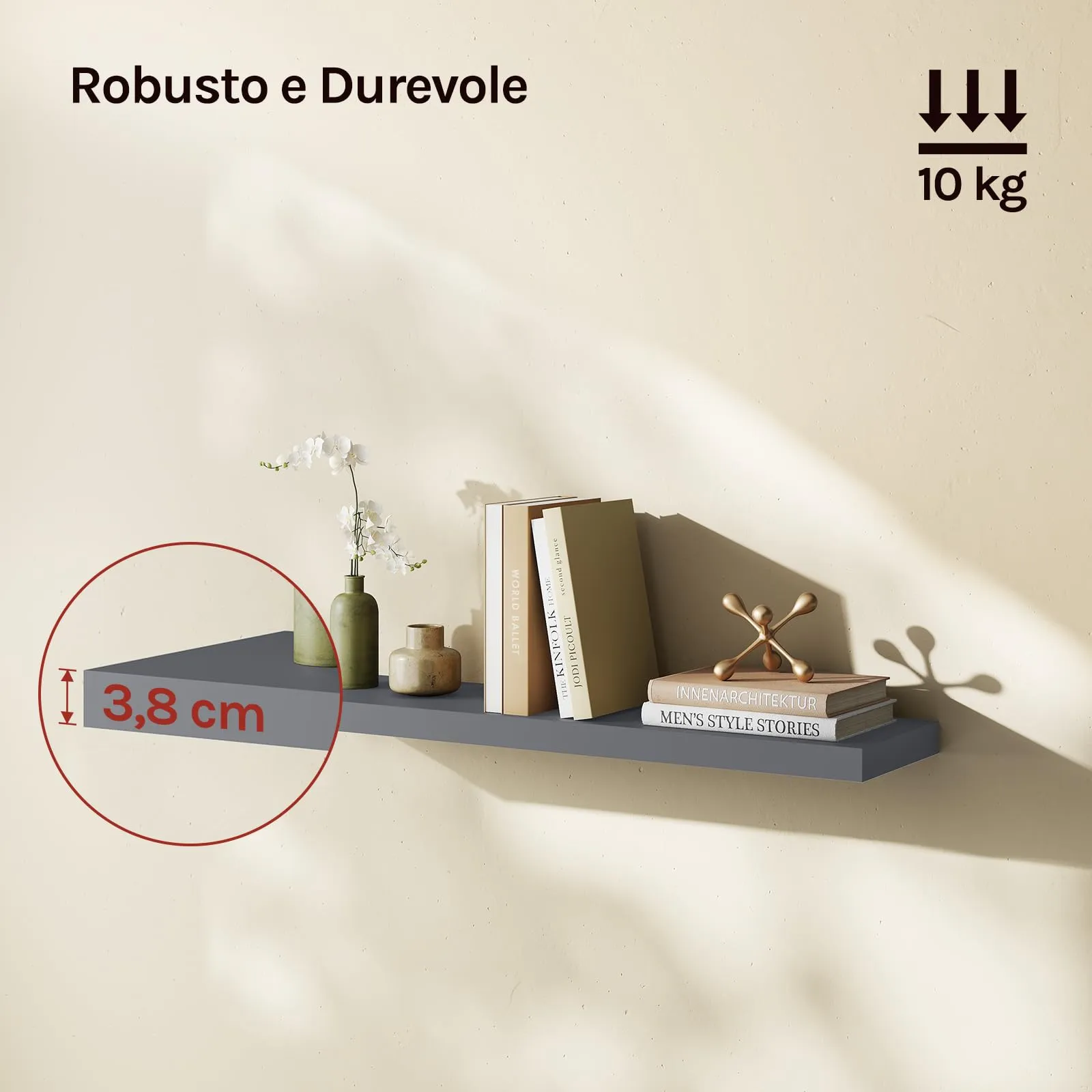 WOLTU Mensola da Muro in MDF, Grigio Scuro, 90x22.9x3.8cm - immagine 2