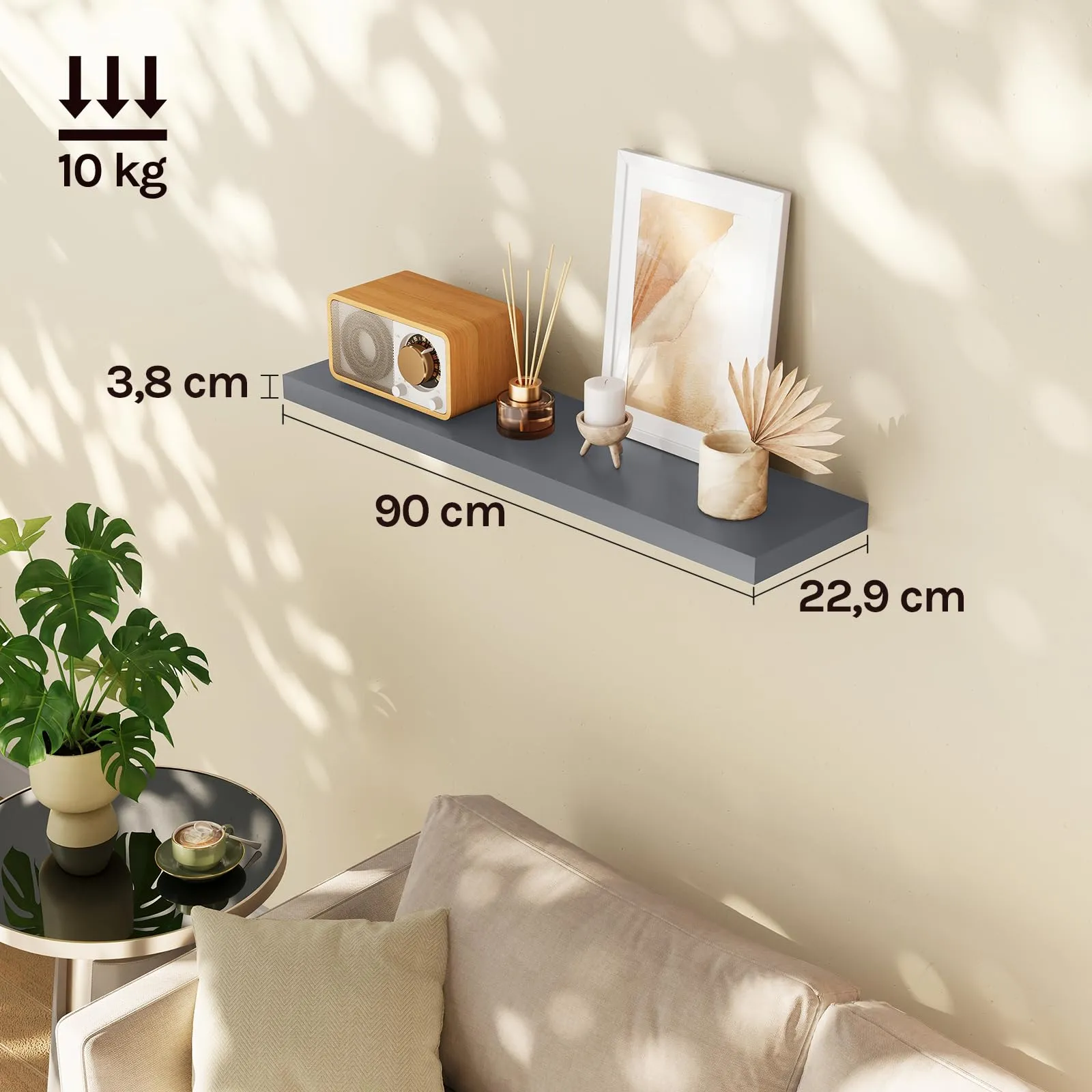 WOLTU Mensola da Muro in MDF, Grigio Scuro, 90x22.9x3.8cm - immagine 3