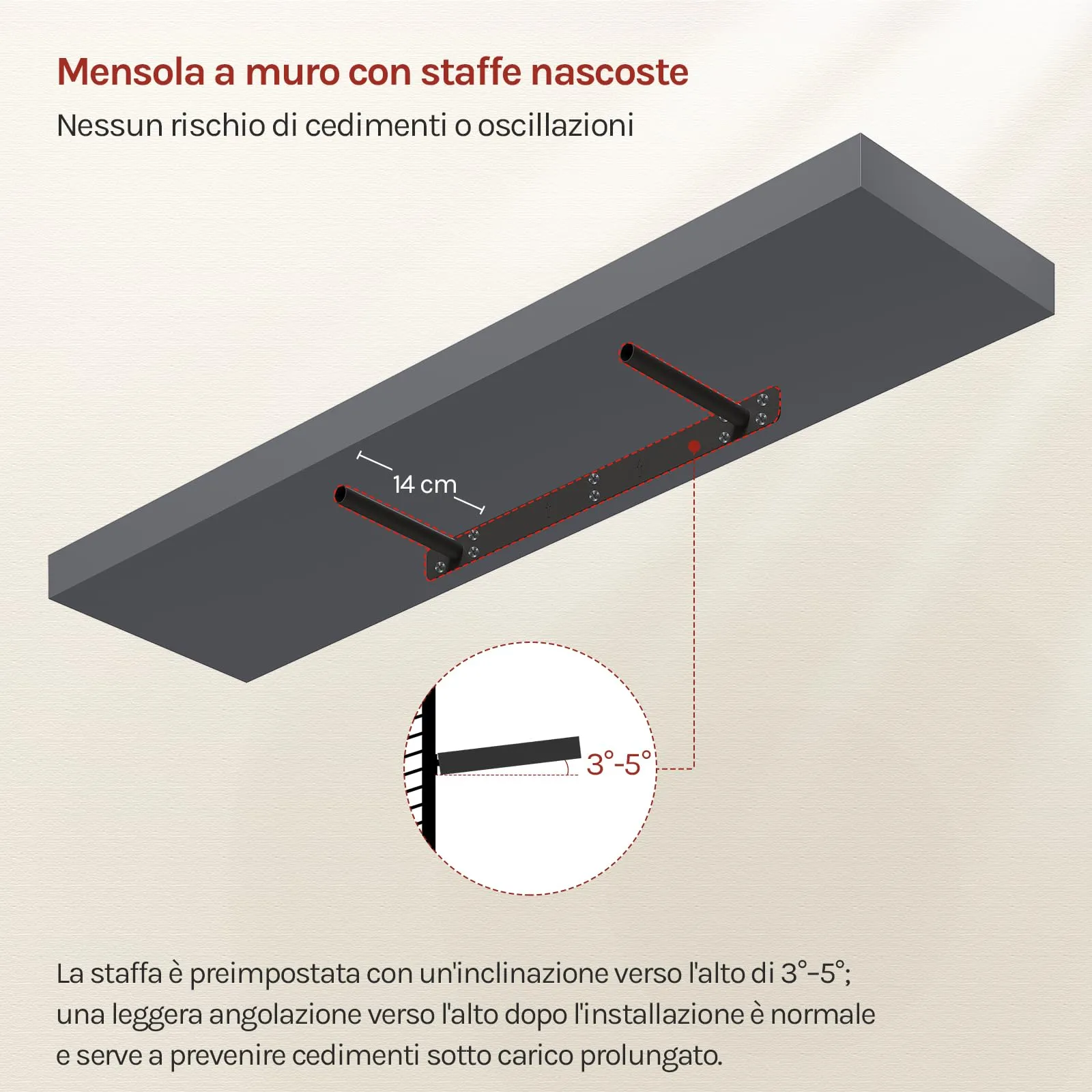 WOLTU Mensola da Muro in MDF, Grigio Scuro, 90x22.9x3.8cm - immagine 5