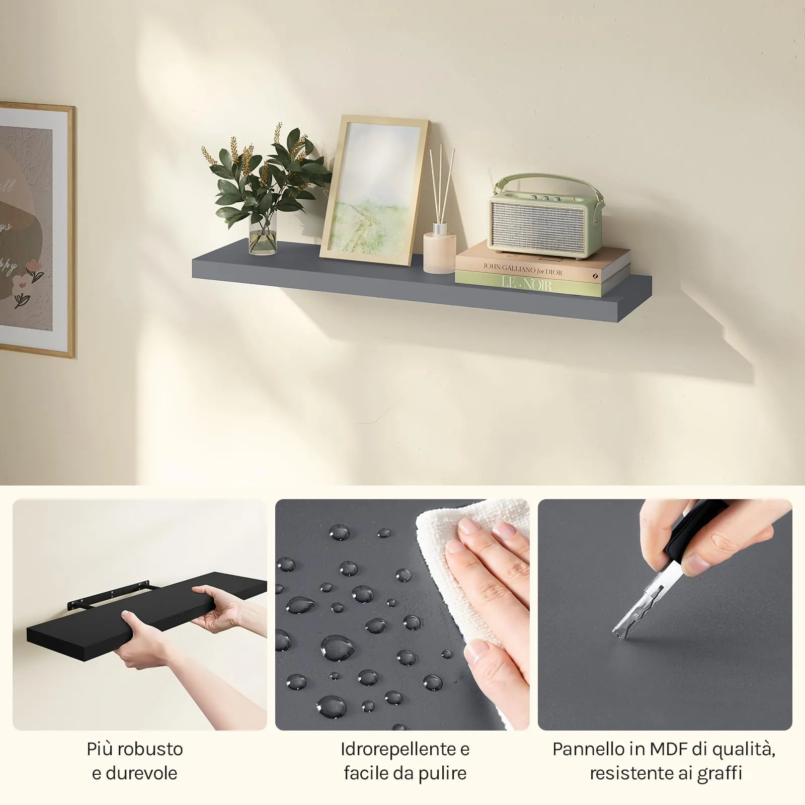 WOLTU Mensola da Muro in MDF, Grigio Scuro, 90x22.9x3.8cm - immagine 8