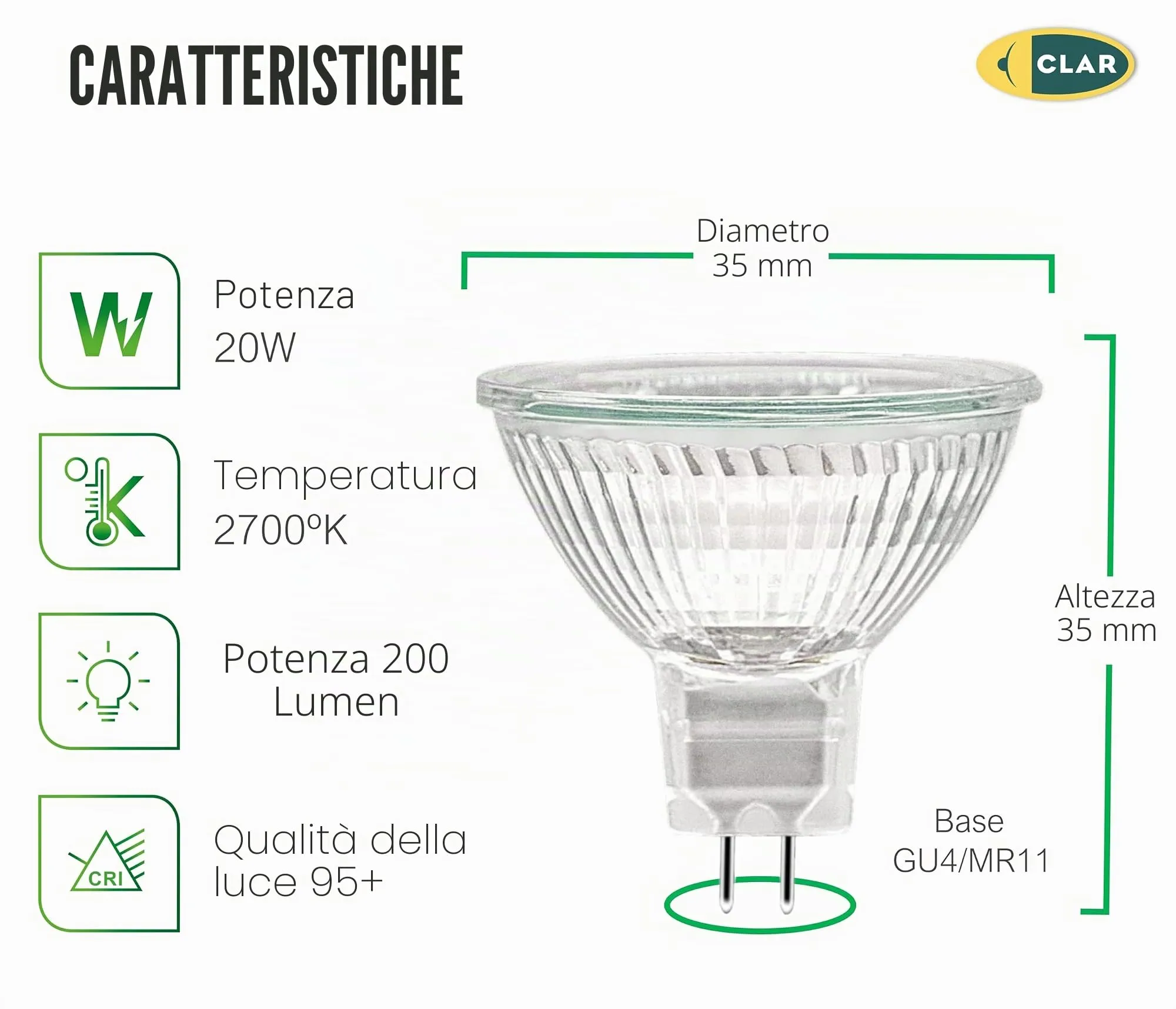 CLAR MR11 GU4 Halogen Bulb 12V 20W (Pack 20) - immagine 2