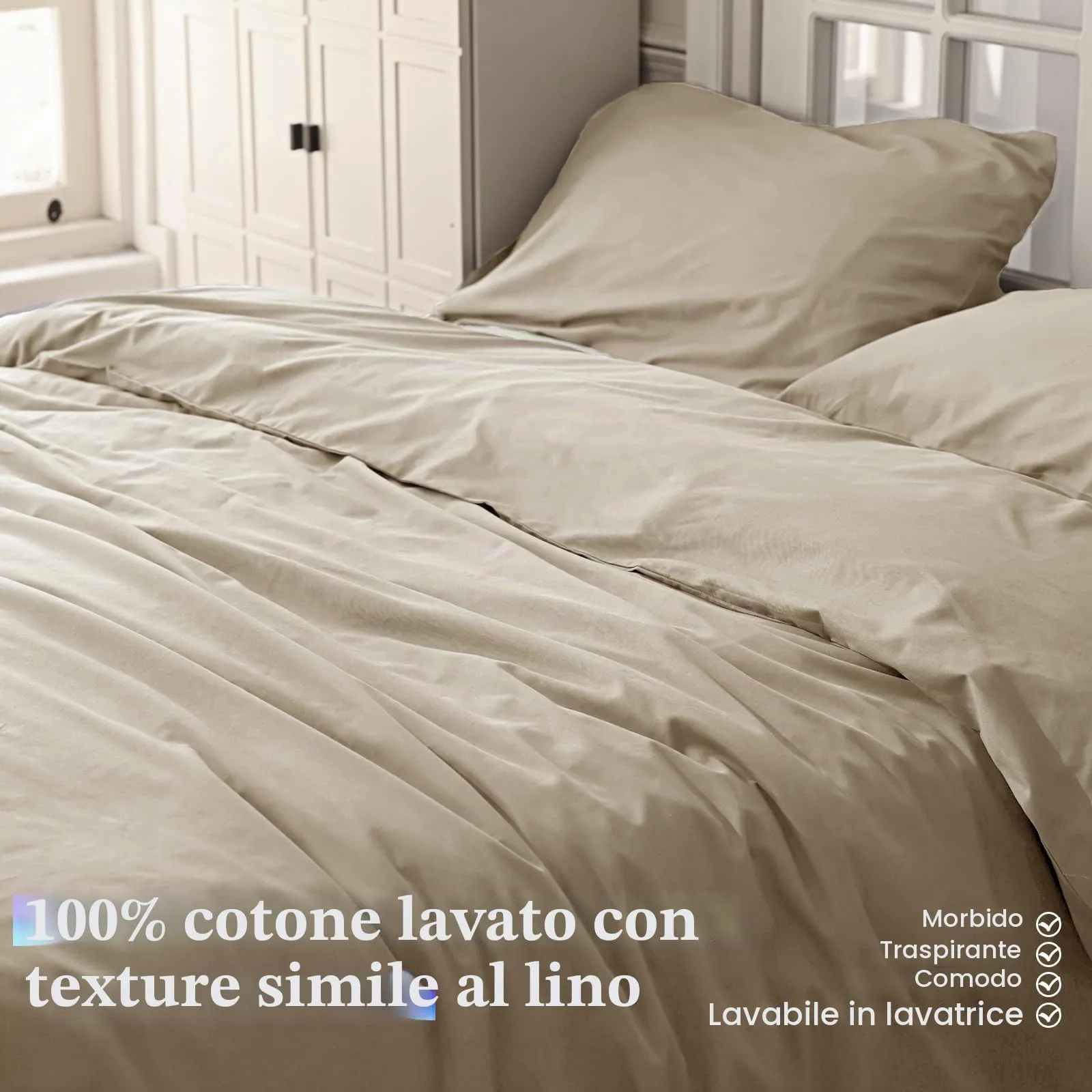 Cotopuro Set Copripiumino Matrimoniale 100% Cotone 250x200 con 2 Federe 50x80, Beige - immagine 2