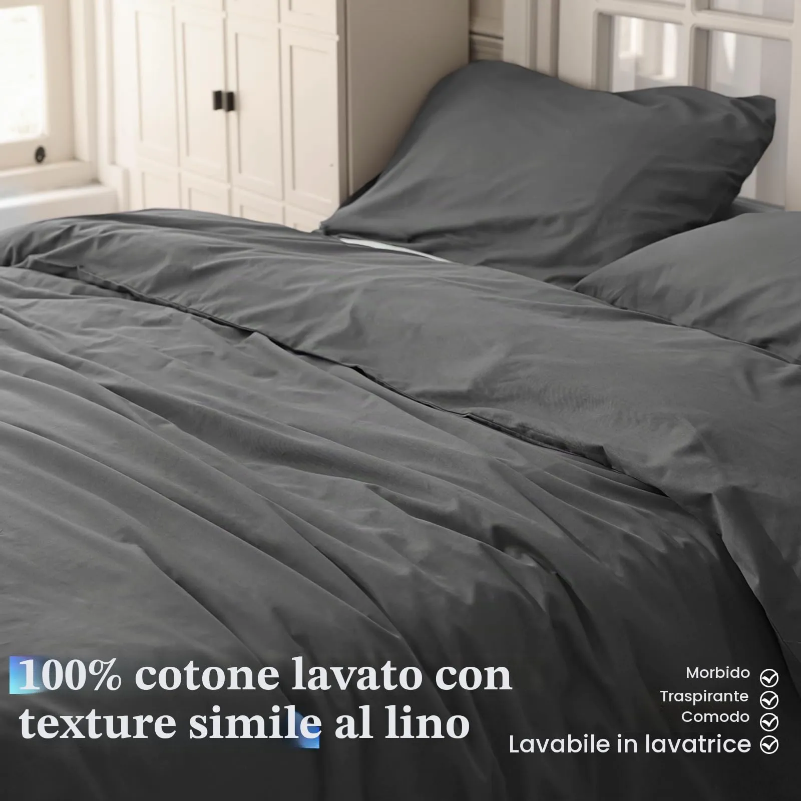 Cotopuro Set Copripiumino Matrimoniale 100% Cotone 250x200 con 2 Federe 50x80, Grigio Chiaro - immagine 2