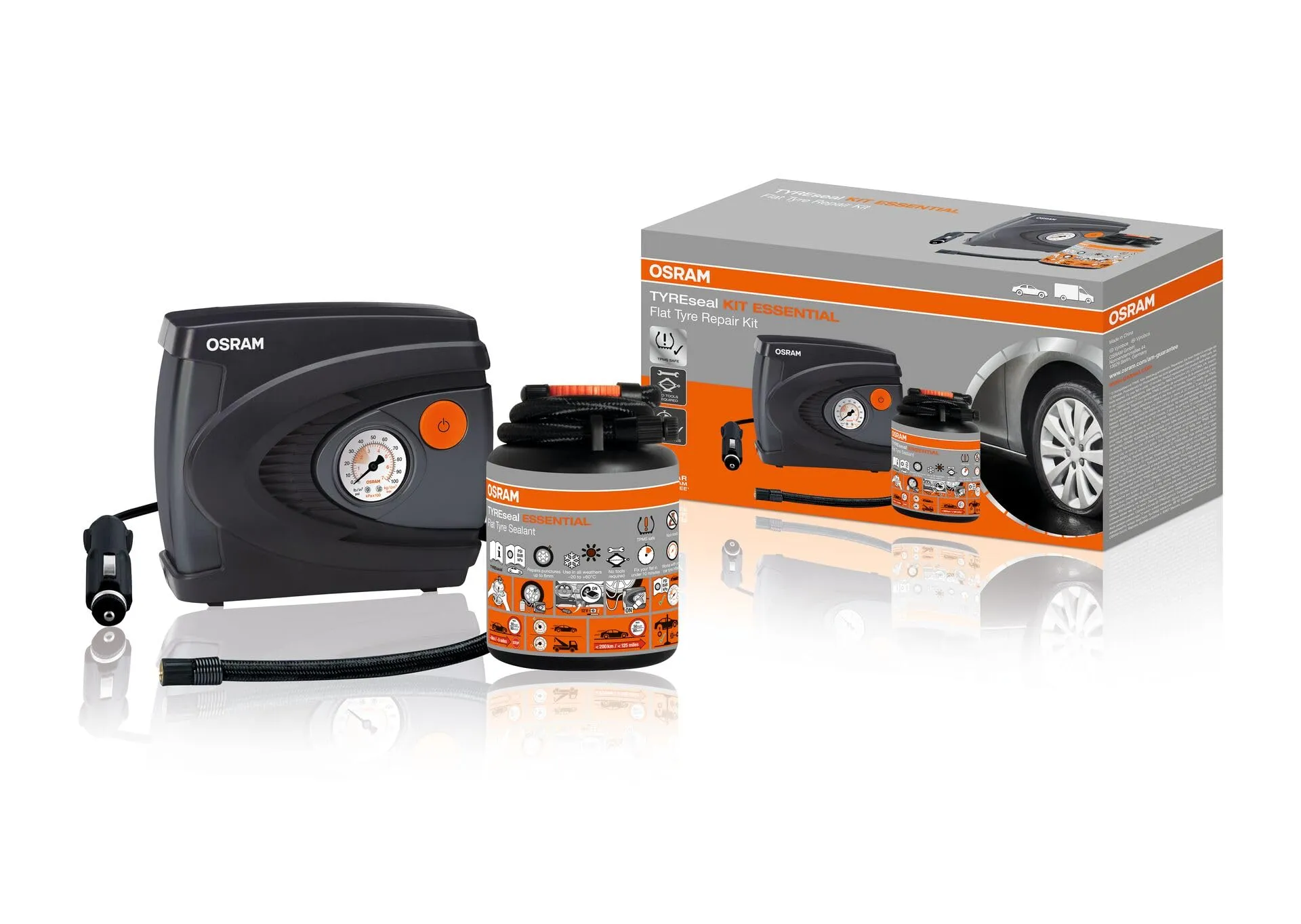 OSRAM TYREseal Kit Essential - Sigillante per Pneumatici 450 ml e Gonfiatore Analogico, TPMS Safe, Custodia Inclusa - immagine 1