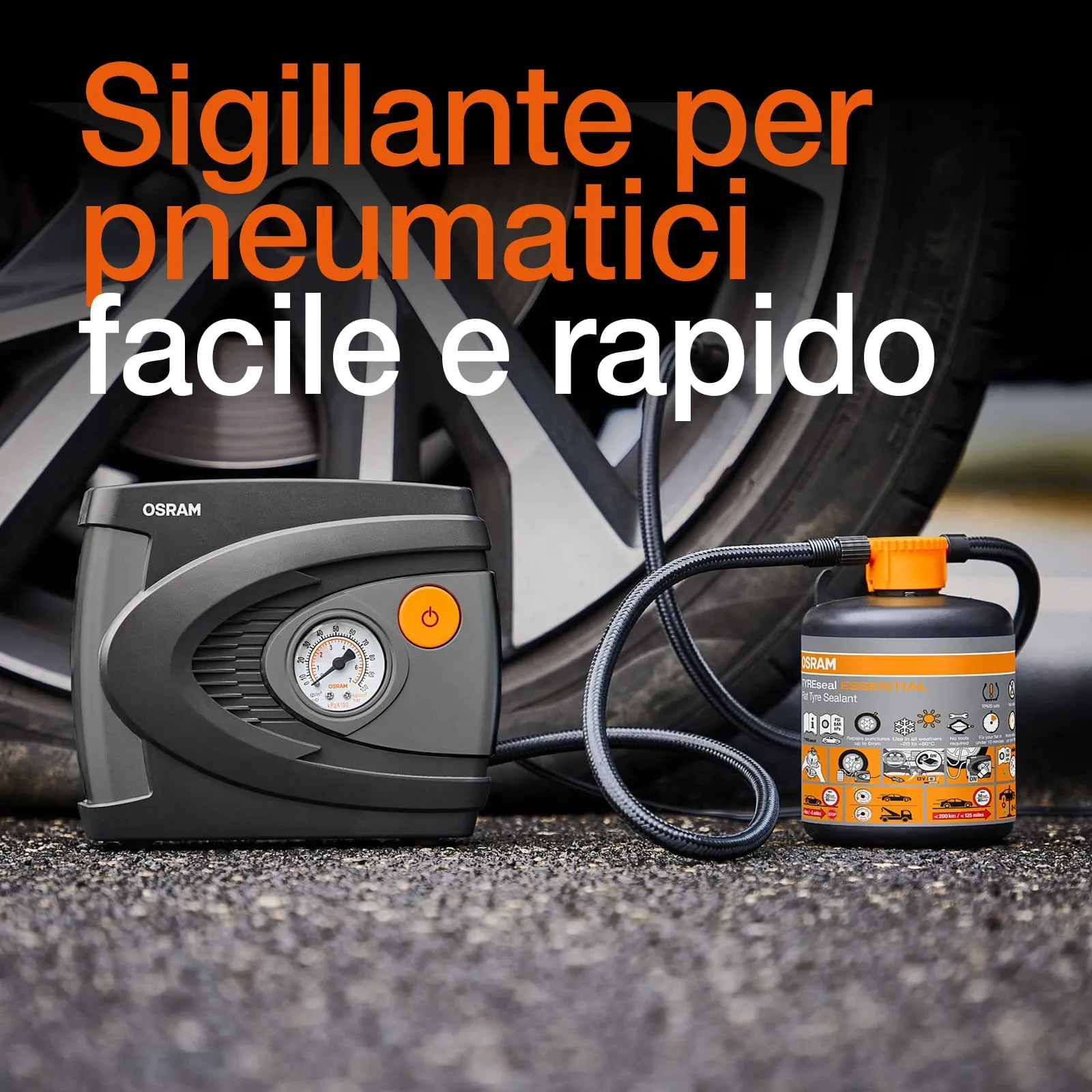 OSRAM TYREseal Kit Essential - Sigillante per Pneumatici 450 ml e Gonfiatore Analogico, TPMS Safe, Custodia Inclusa - immagine 2