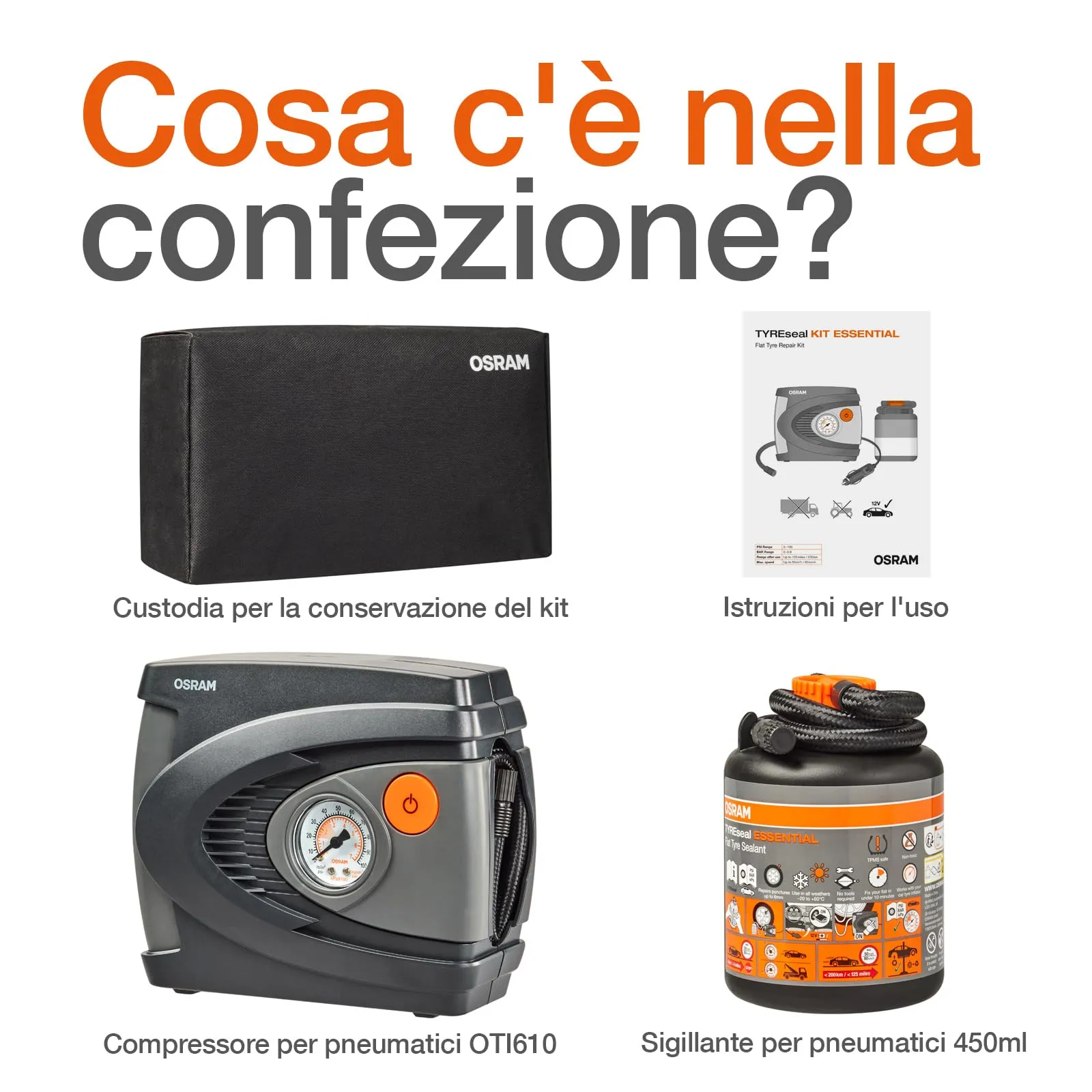 OSRAM TYREseal Kit Essential - Sigillante per Pneumatici 450 ml e Gonfiatore Analogico, TPMS Safe, Custodia Inclusa - immagine 3