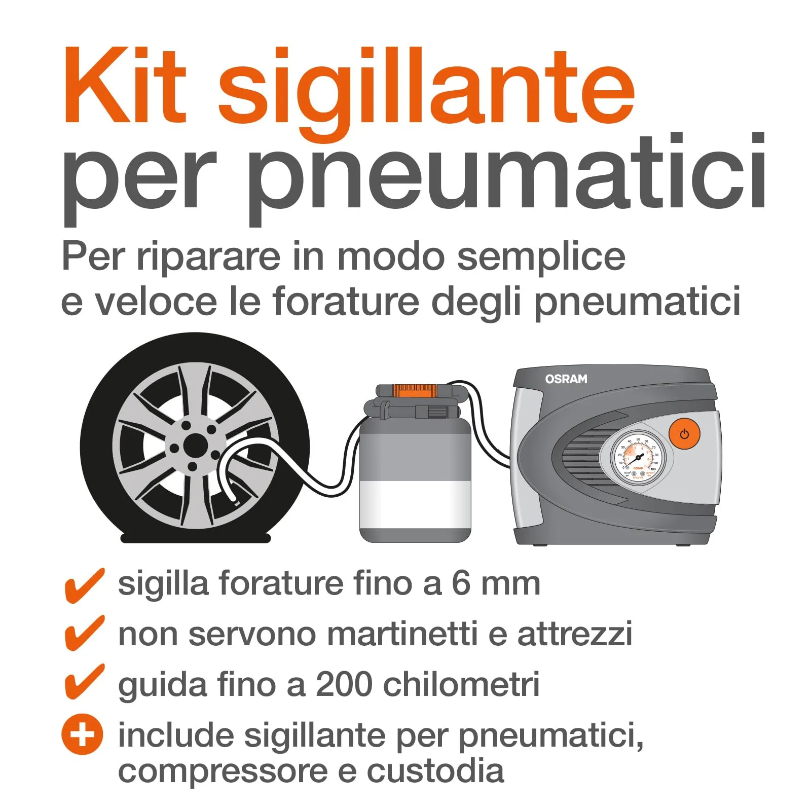 OSRAM TYREseal Kit Essential - Sigillante per Pneumatici 450 ml e Gonfiatore Analogico, TPMS Safe, Custodia Inclusa - immagine 5