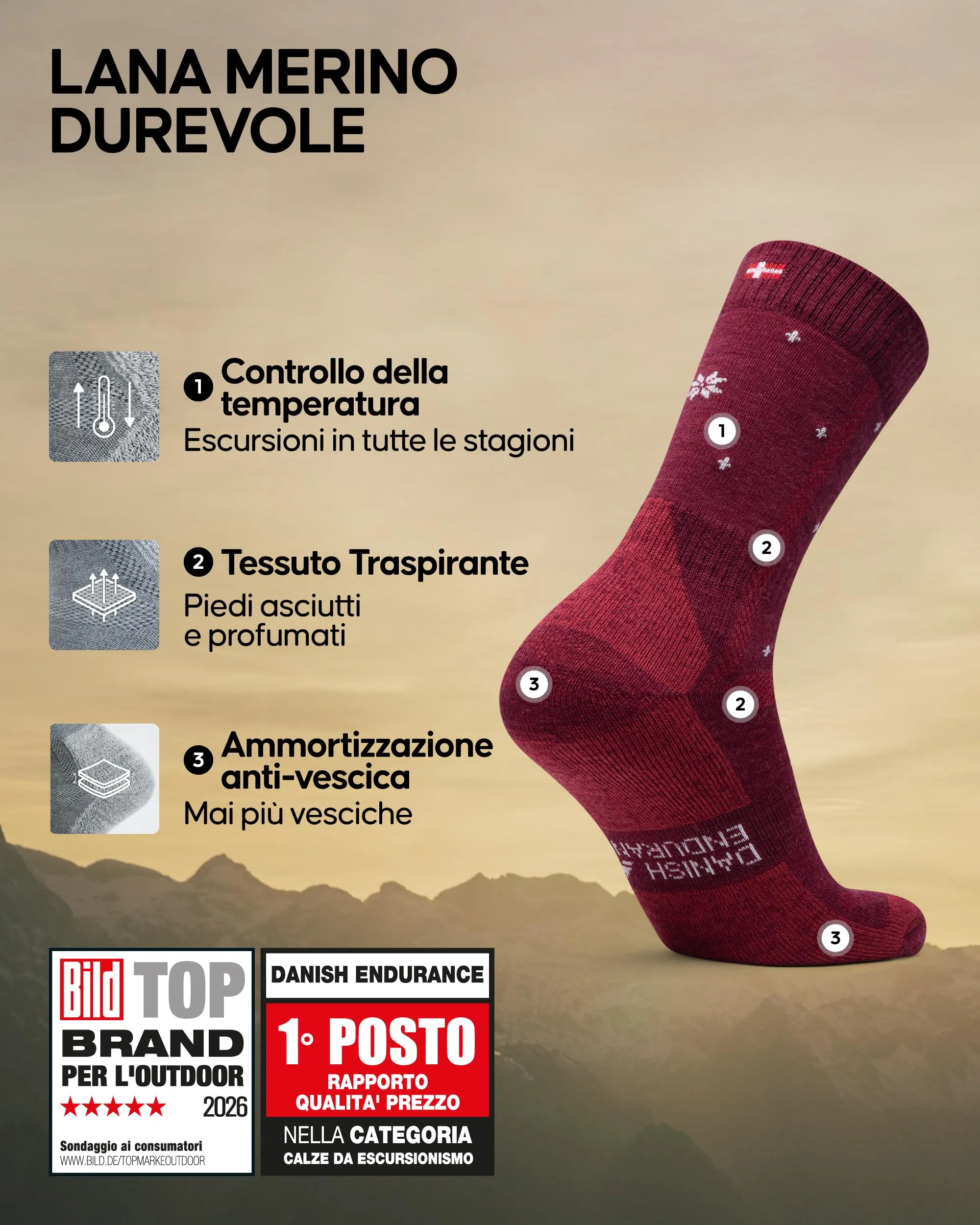 Danish Endurance Calze Trekking Lana Merino, 3 Paia, Multicolore, 39-42 - immagine 2