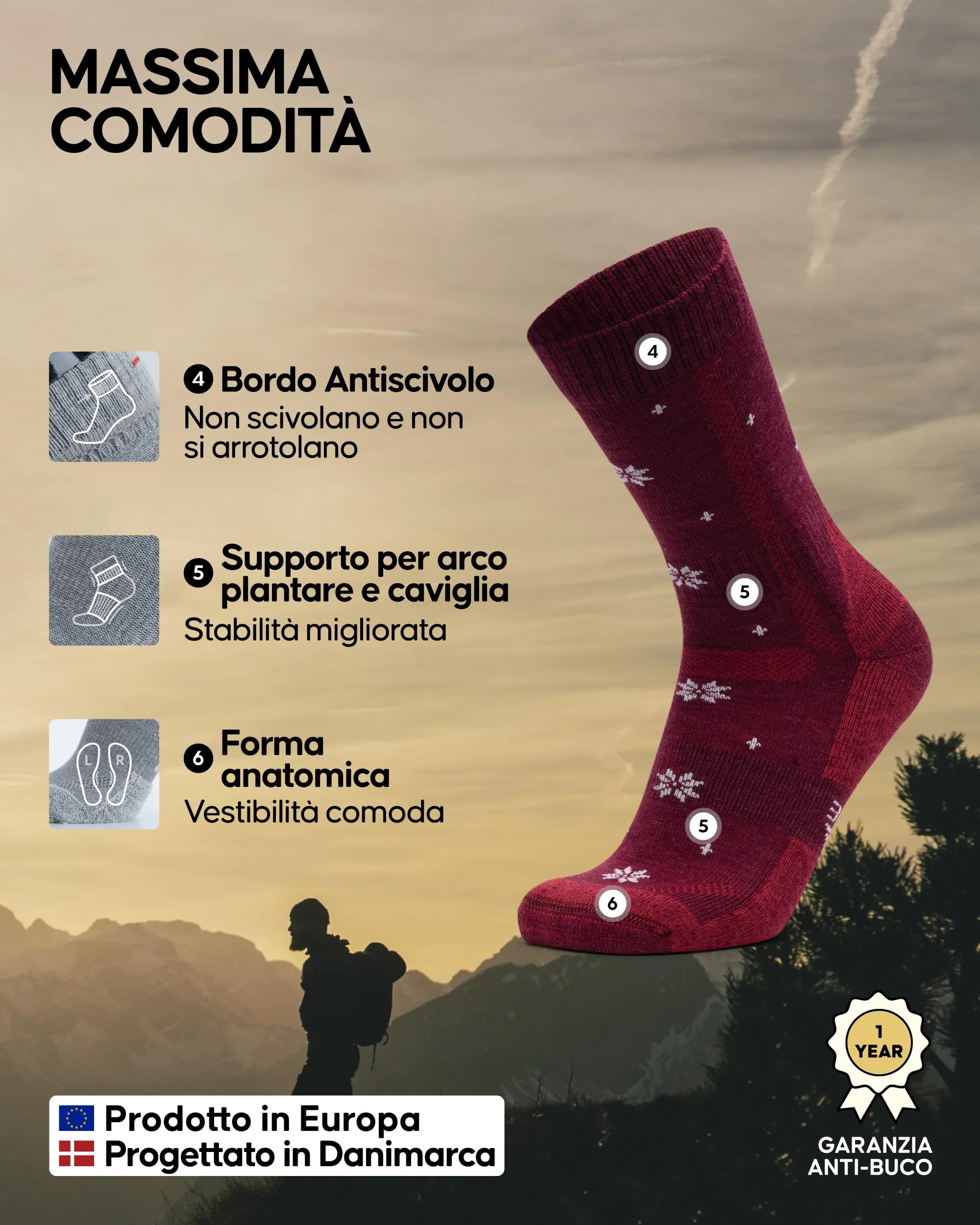 Danish Endurance Calze Trekking Lana Merino, 3 Paia, Multicolore, 39-42 - immagine 3