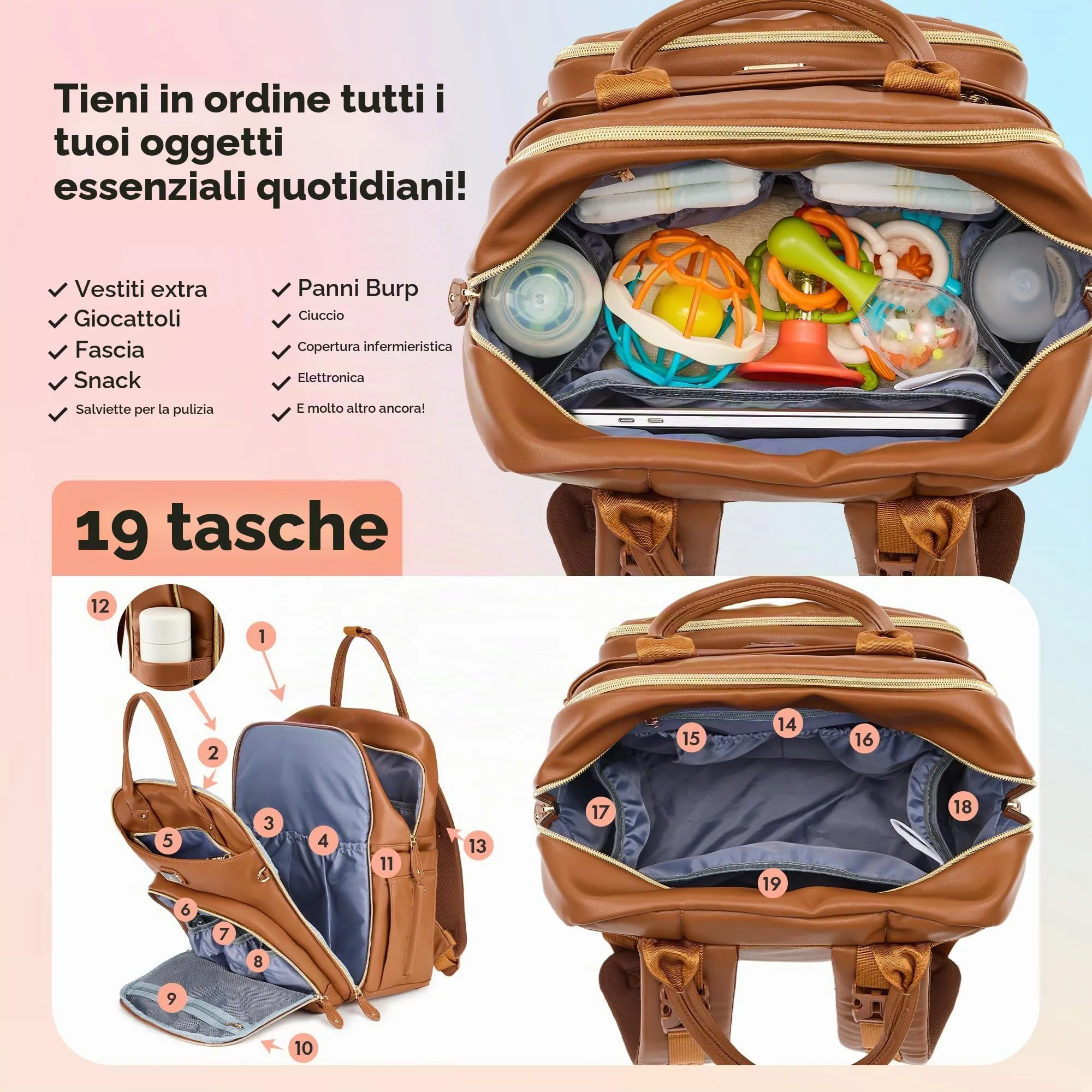 Dikaslon Zainetto Fasciatoio Multifunzione con Porta Ciuccio e Cinturini per Passeggino, Marrone - immagine 4