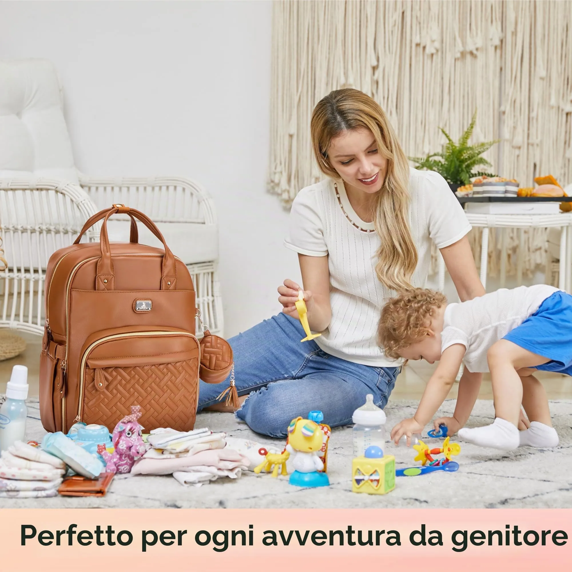 Dikaslon Zainetto Fasciatoio Multifunzione con Porta Ciuccio e Cinturini per Passeggino, Marrone - immagine 7