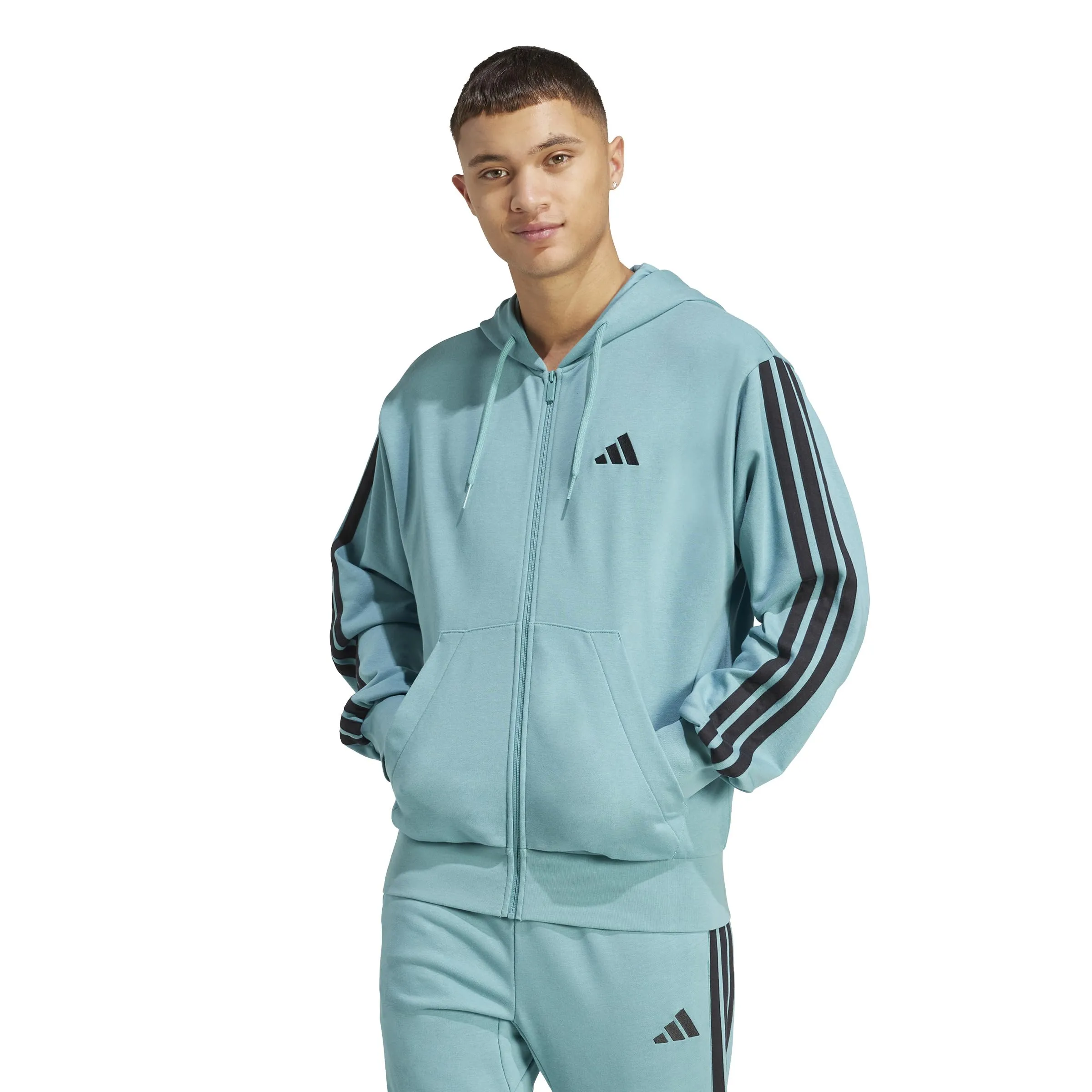 adidas Essential Three Stripes French Terry Fullzip Hoodie, Powder Teal/Black, 3XL Tall - immagine 4