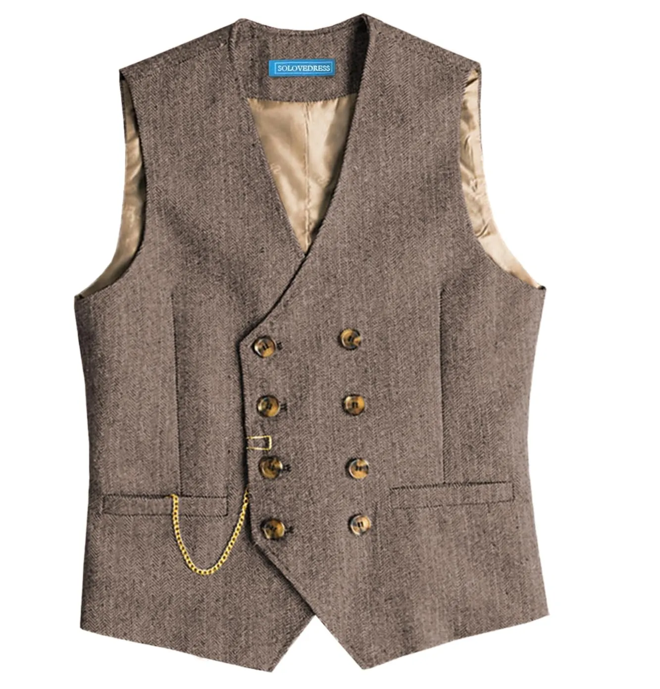 Solovedress Gilet da uomo in tweed doppiopetto a righe, Marrone chiaro, L - immagine 1