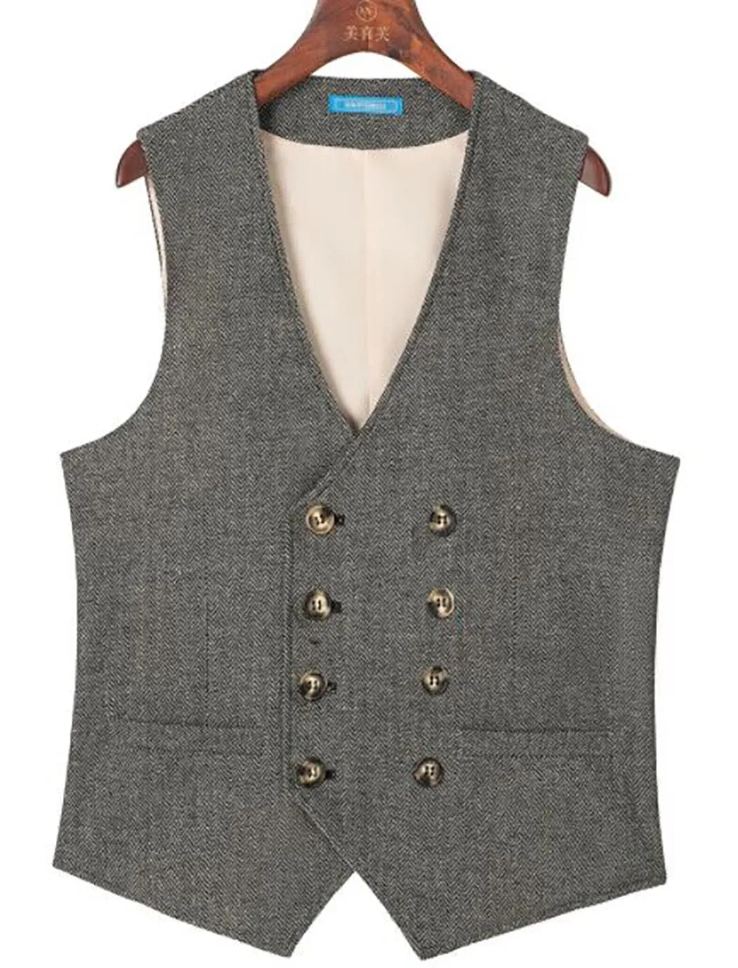 Solovedress Gilet da uomo in tweed doppiopetto a righe, Marrone chiaro, L - immagine 3