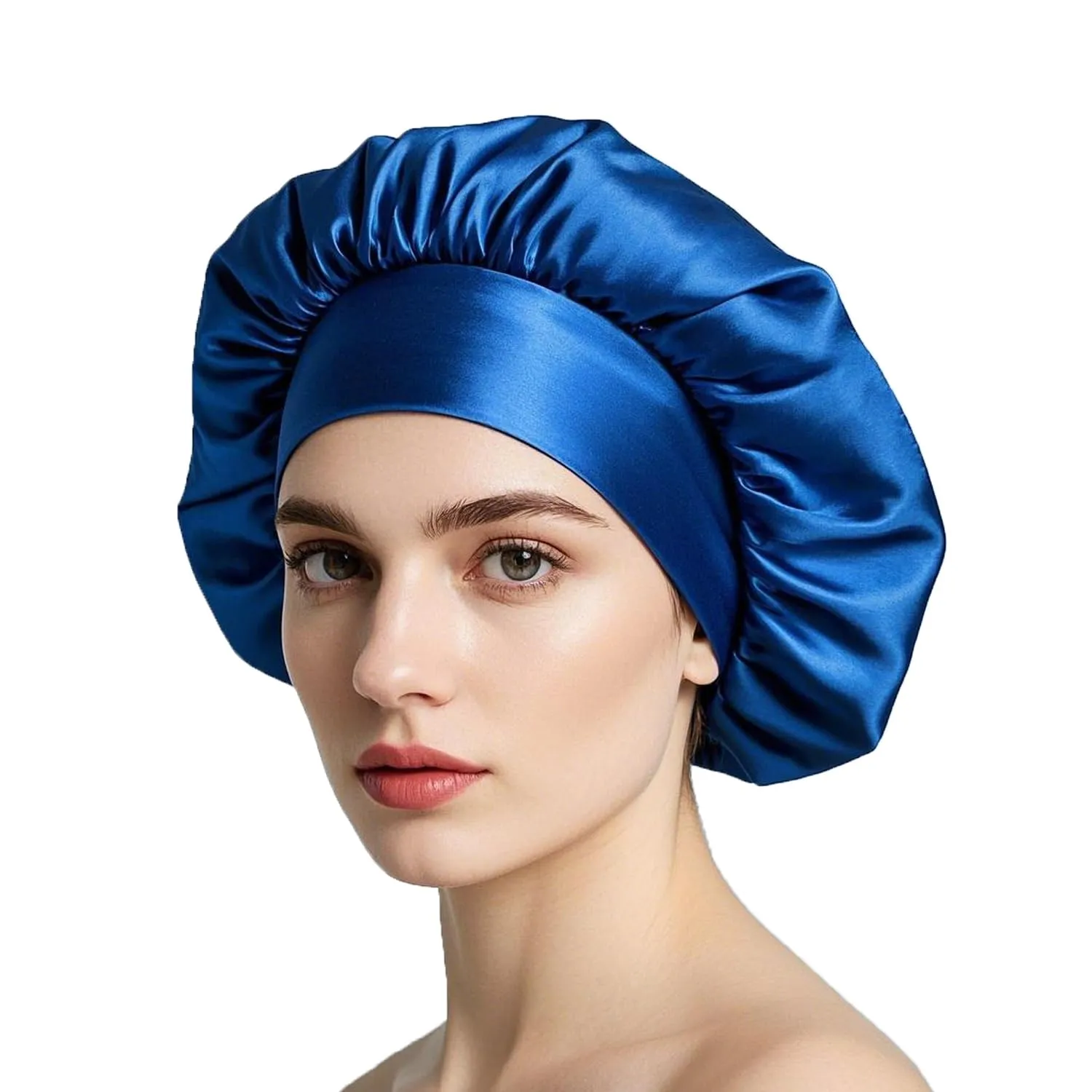 iLamvie Cuffia in Seta per Capelli Ricci, Berretto da Notte in Raso Elastico (Blu) - immagine 1