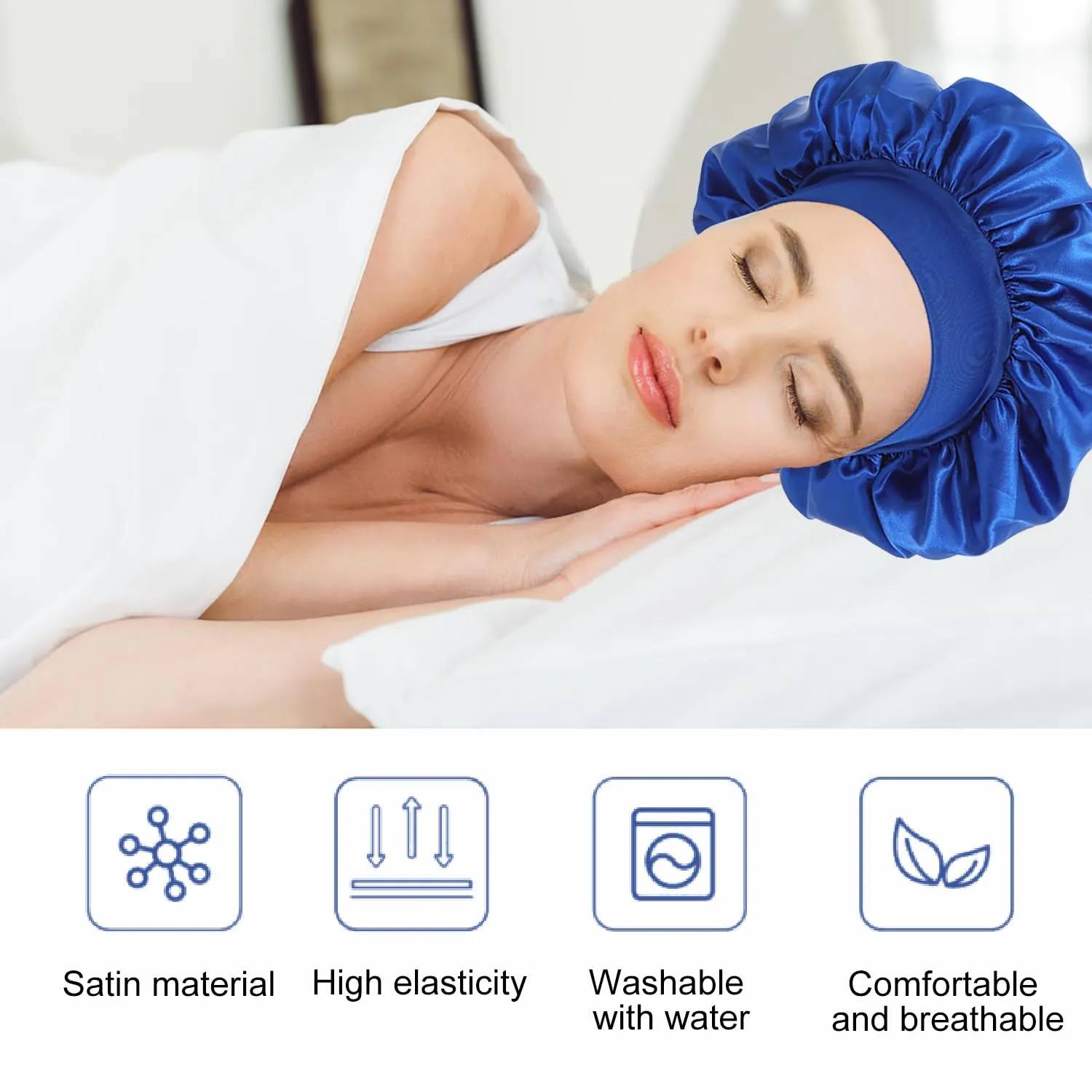 iLamvie Cuffia in Seta per Capelli Ricci, Berretto da Notte in Raso Elastico (Blu) - immagine 2