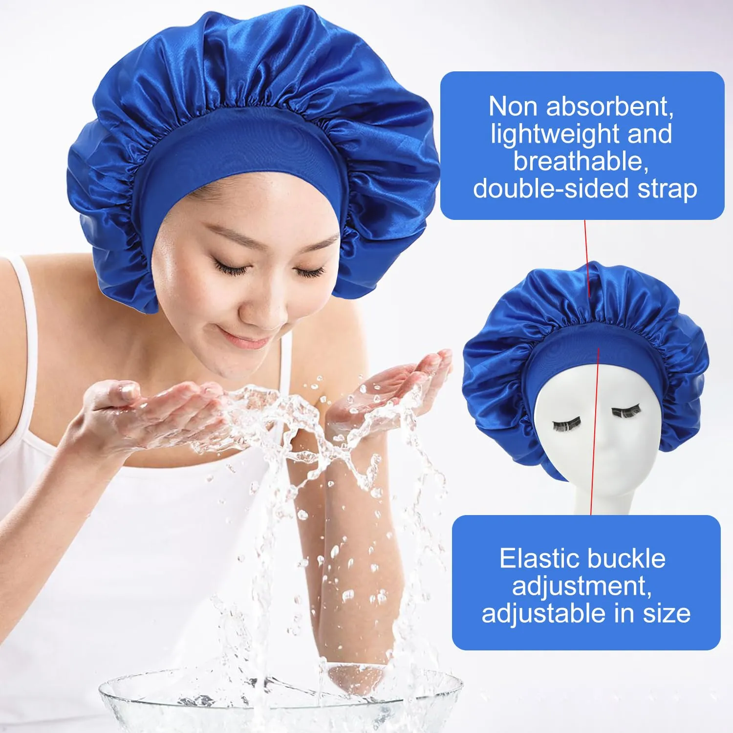 iLamvie Cuffia in Seta per Capelli Ricci, Berretto da Notte in Raso Elastico (Blu) - immagine 3