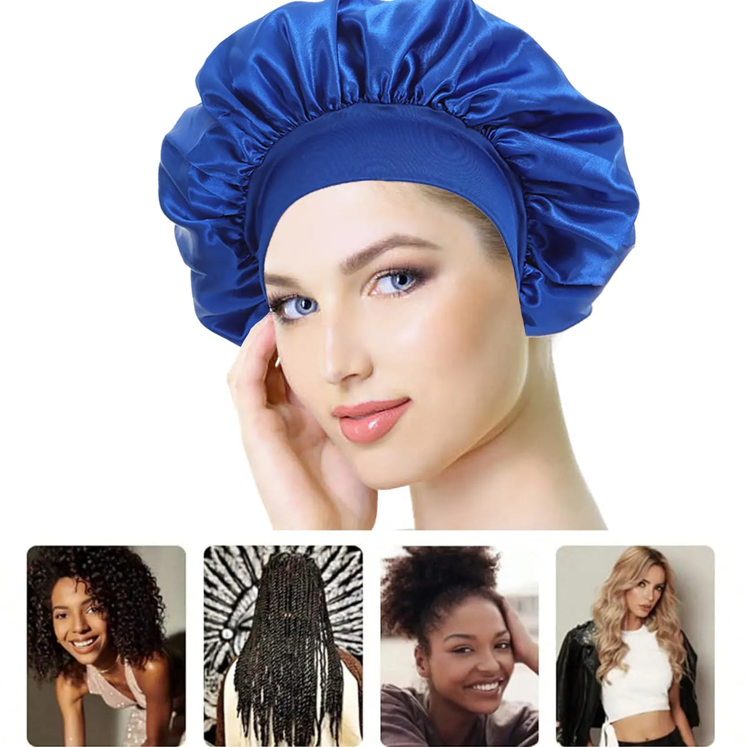 iLamvie Cuffia in Seta per Capelli Ricci, Berretto da Notte in Raso Elastico (Blu) - immagine 4