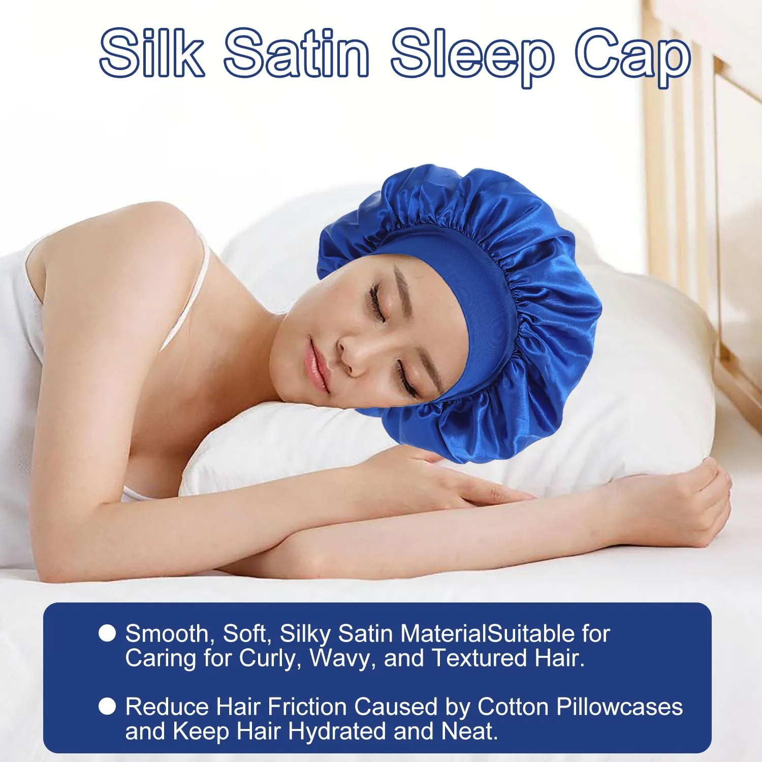 iLamvie Cuffia in Seta per Capelli Ricci, Berretto da Notte in Raso Elastico (Blu) - immagine 5