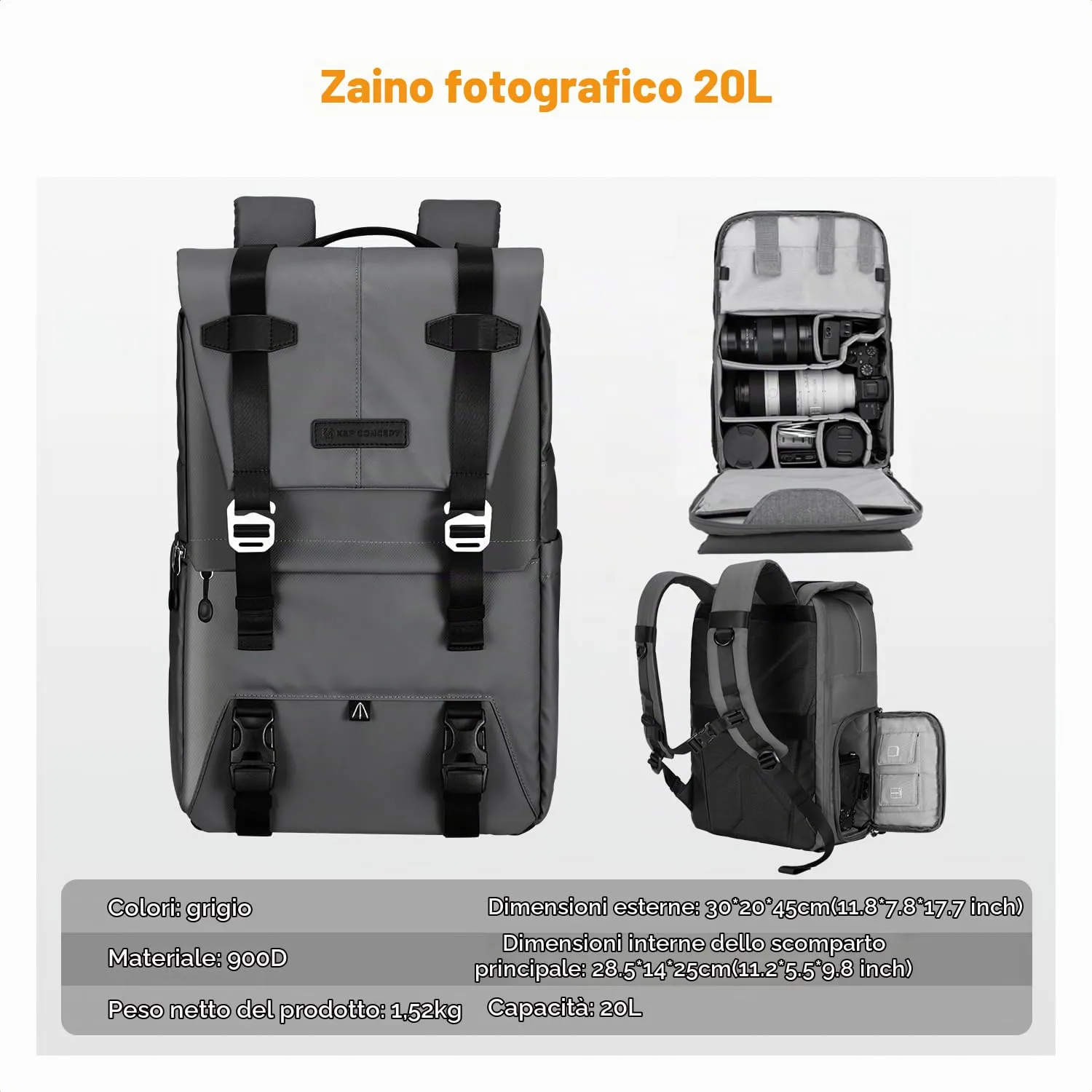 K&F Concept Zaino per Fotocamera Professionale 20L con Copertura Antipioggia e Scomparto per Laptop 15.6 Pollici - immagine 8