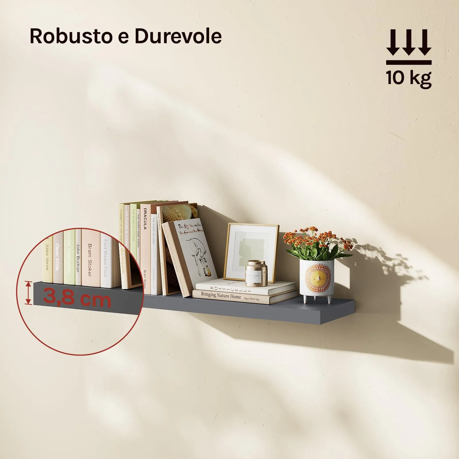 WOLTU Mensola da Muro in MDF, Grigio Scuro, 70x22.9x3.8cm - immagine 2