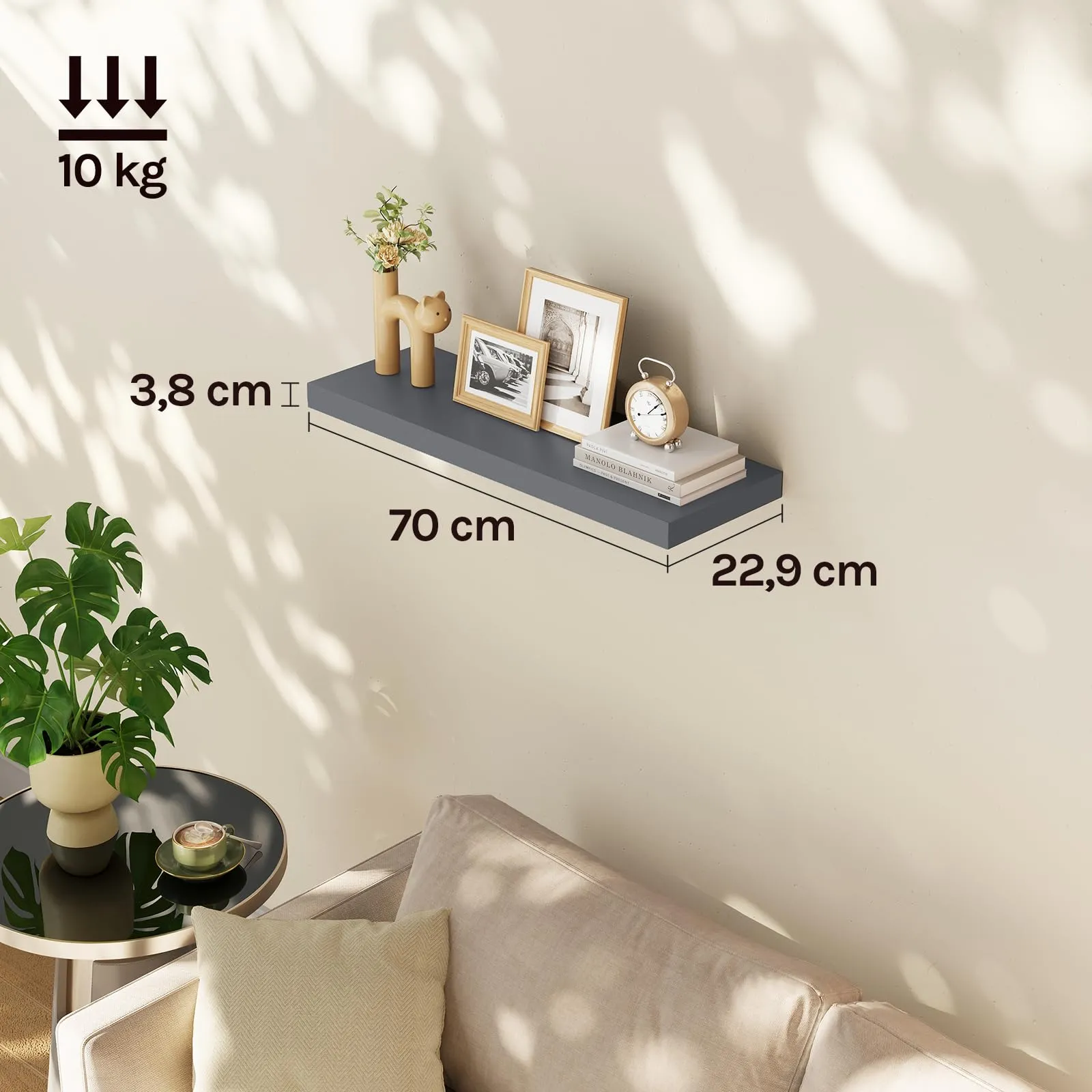 WOLTU Mensola da Muro in MDF, Grigio Scuro, 70x22.9x3.8cm - immagine 3